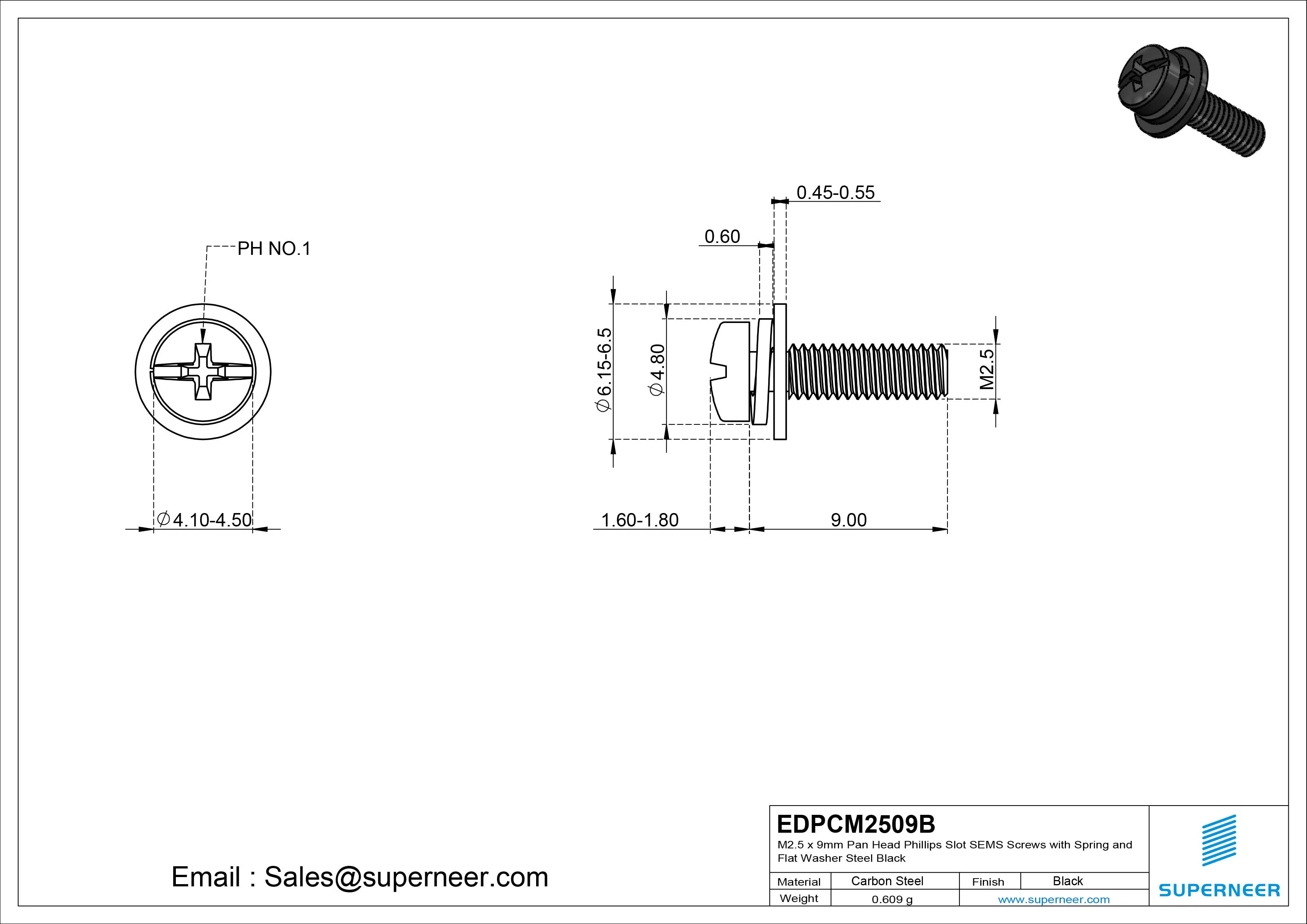 M2.5 x 9mm Pan Head Phillips Slot SEMS Screws with Spring and Flat Washer Steel Black