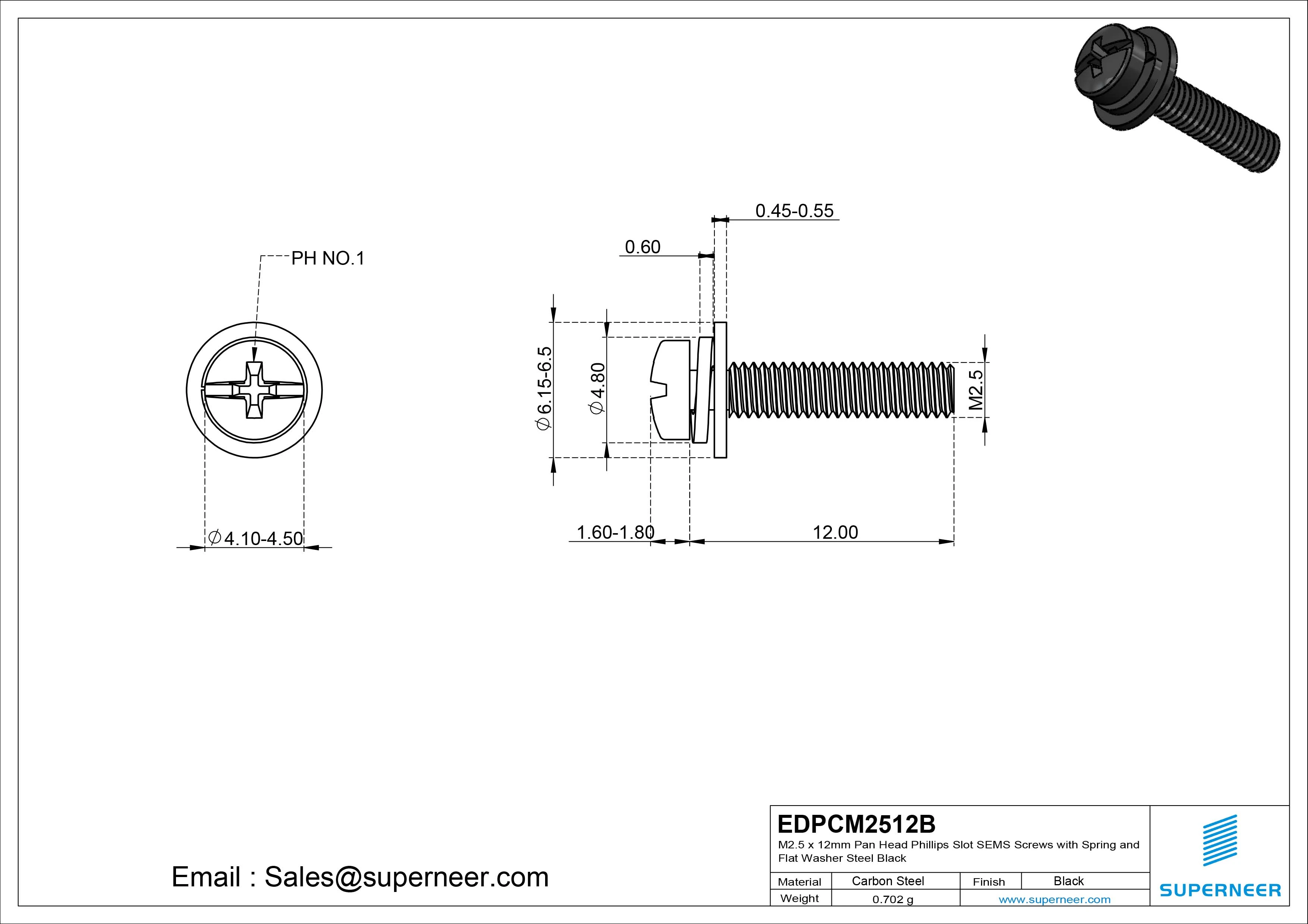 M2.5 x 12mm Pan Head Phillips Slot SEMS Screws with Spring and Flat Washer Steel Black