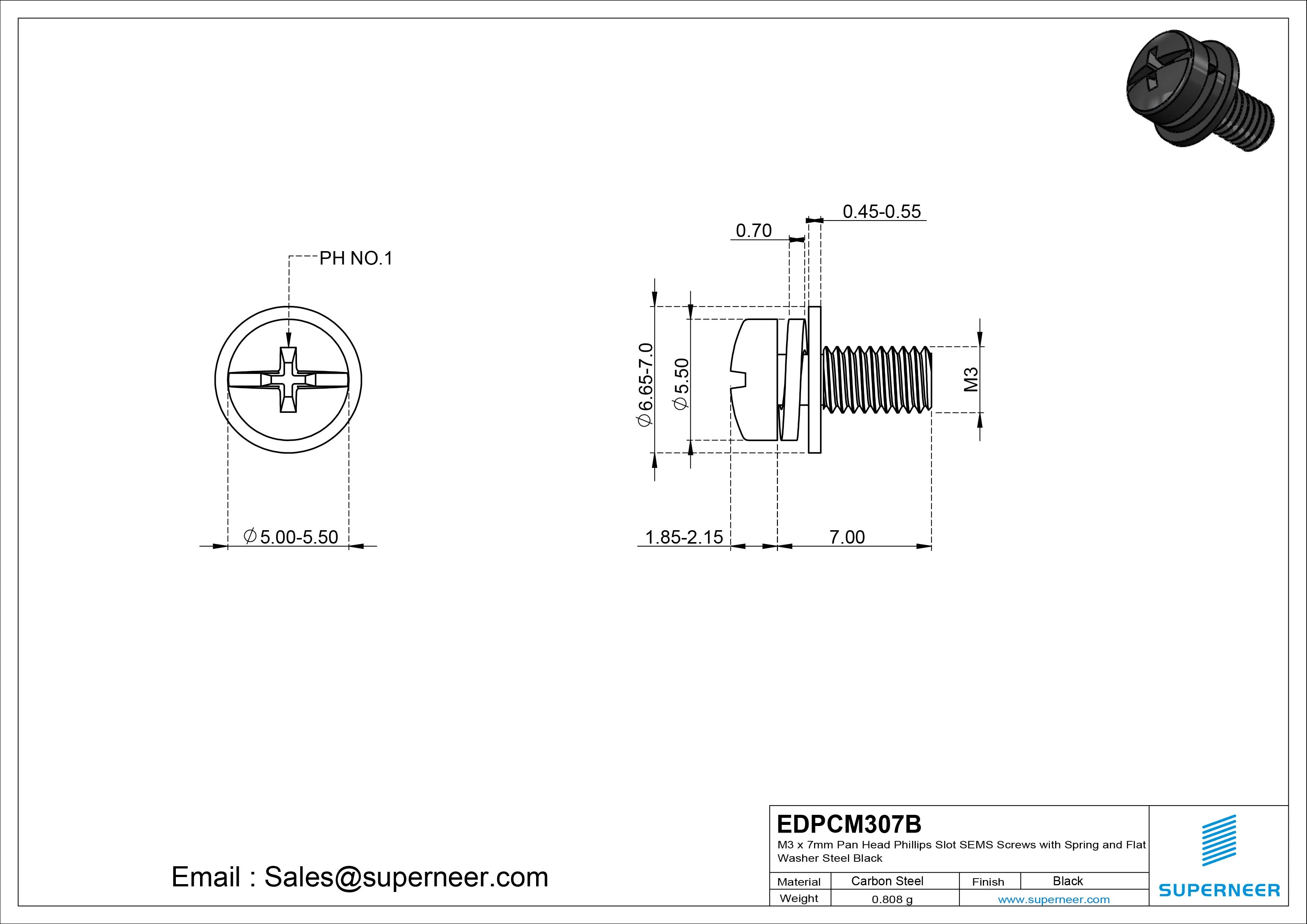 M3 x 7mm Pan Head Phillips Slot SEMS Screws with Spring and Flat Washer Steel Black