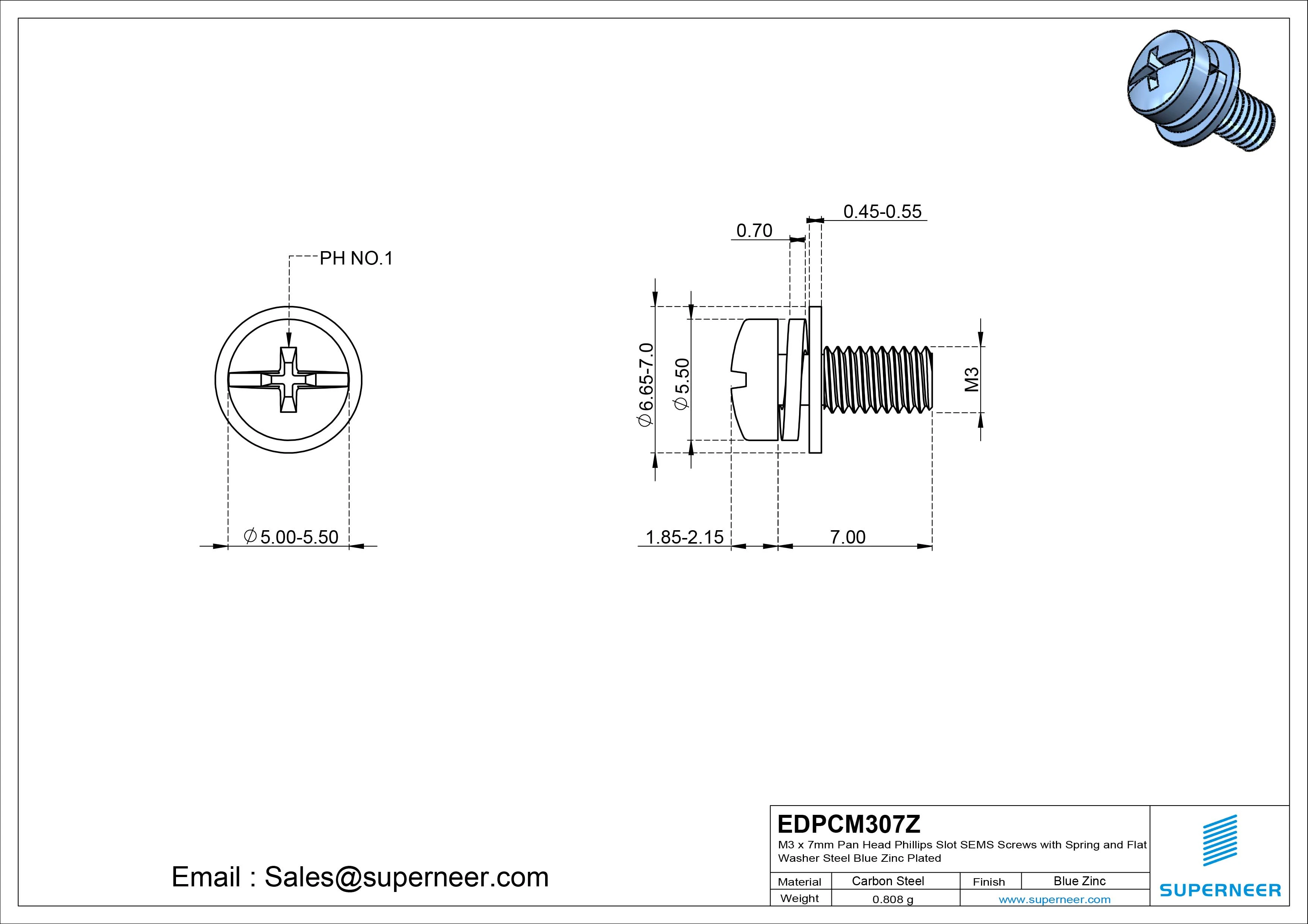 M3 x 7mm Pan Head Phillips Slot SEMS Screws with Spring and Flat Washer Steel Blue Zinc Plated