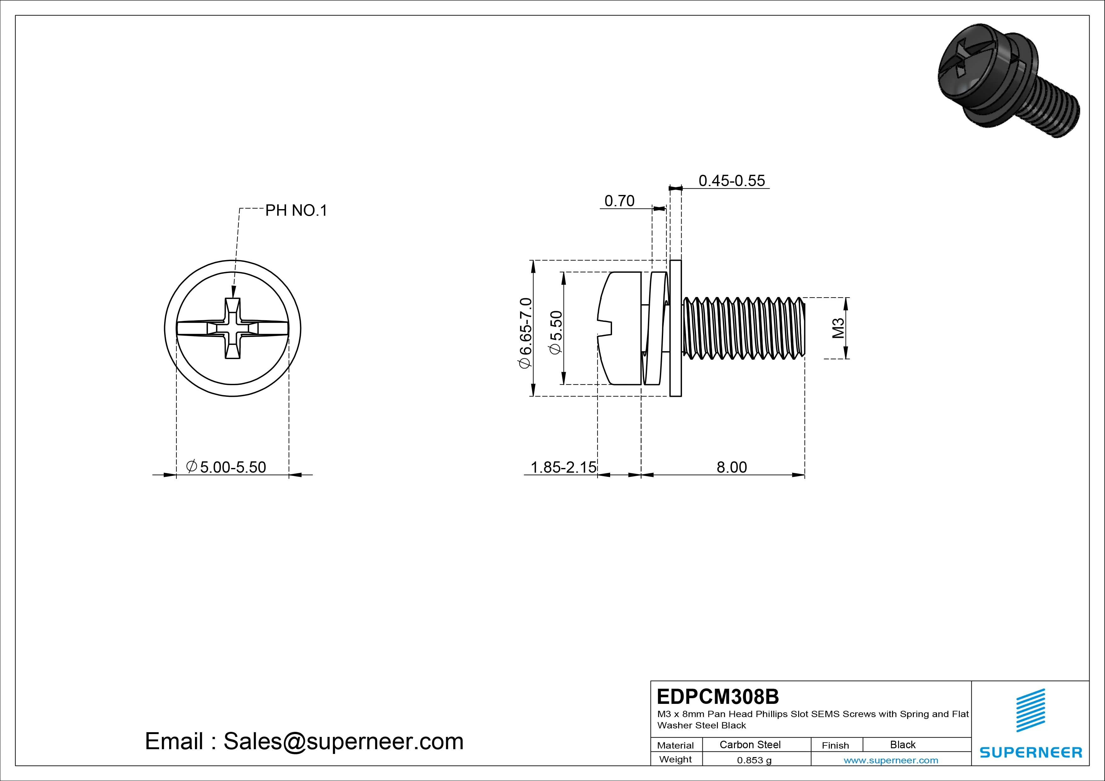 M3 x 8mm Pan Head Phillips Slot SEMS Screws with Spring and Flat Washer Steel Black