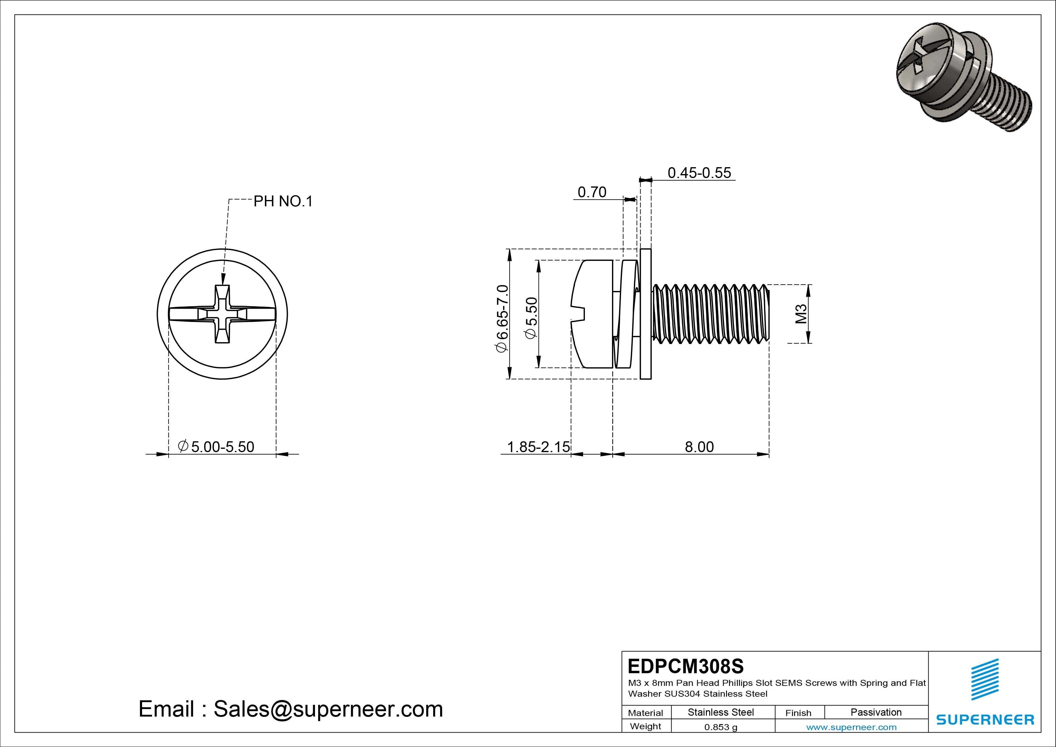 M3 x 8mm Pan Head Phillips Slot SEMS Screws with Spring and Flat Washer SUS304 Stainless Steel Inox