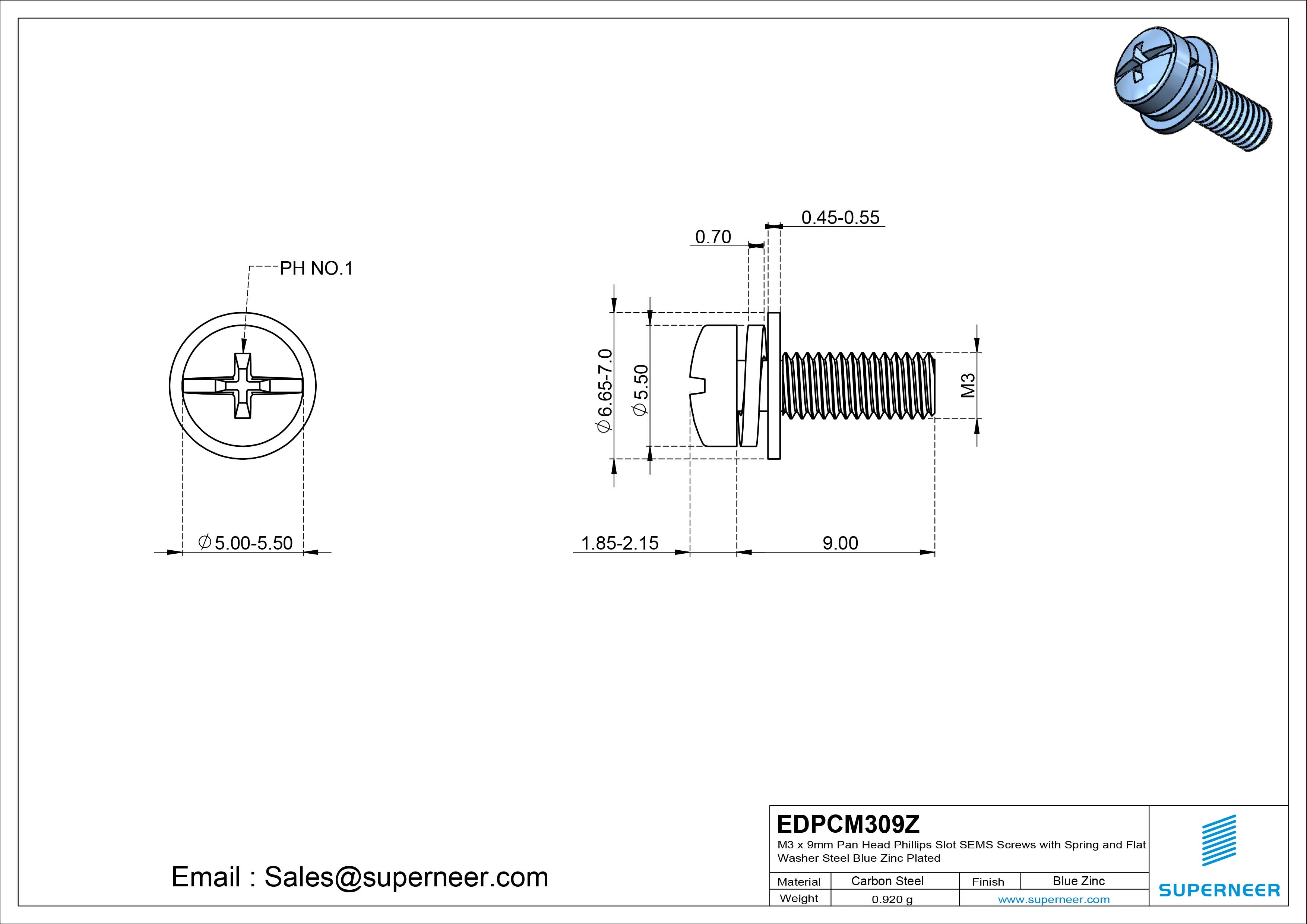 M3 x 9mm Pan Head Phillips Slot SEMS Screws with Spring and Flat Washer Steel Blue Zinc Plated