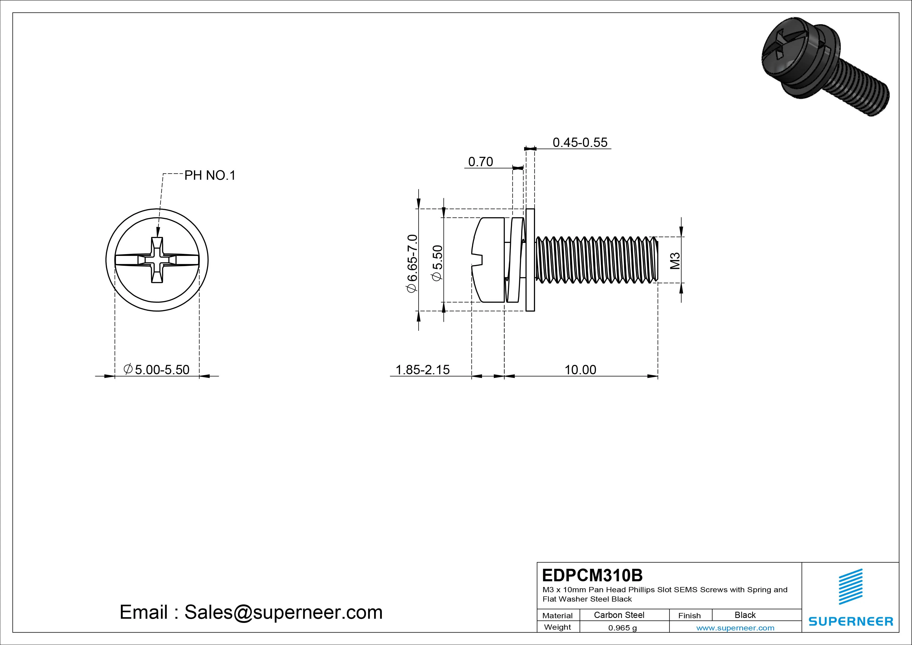 M3 x 10mm Pan Head Phillips Slot SEMS Screws with Spring and Flat Washer Steel Black