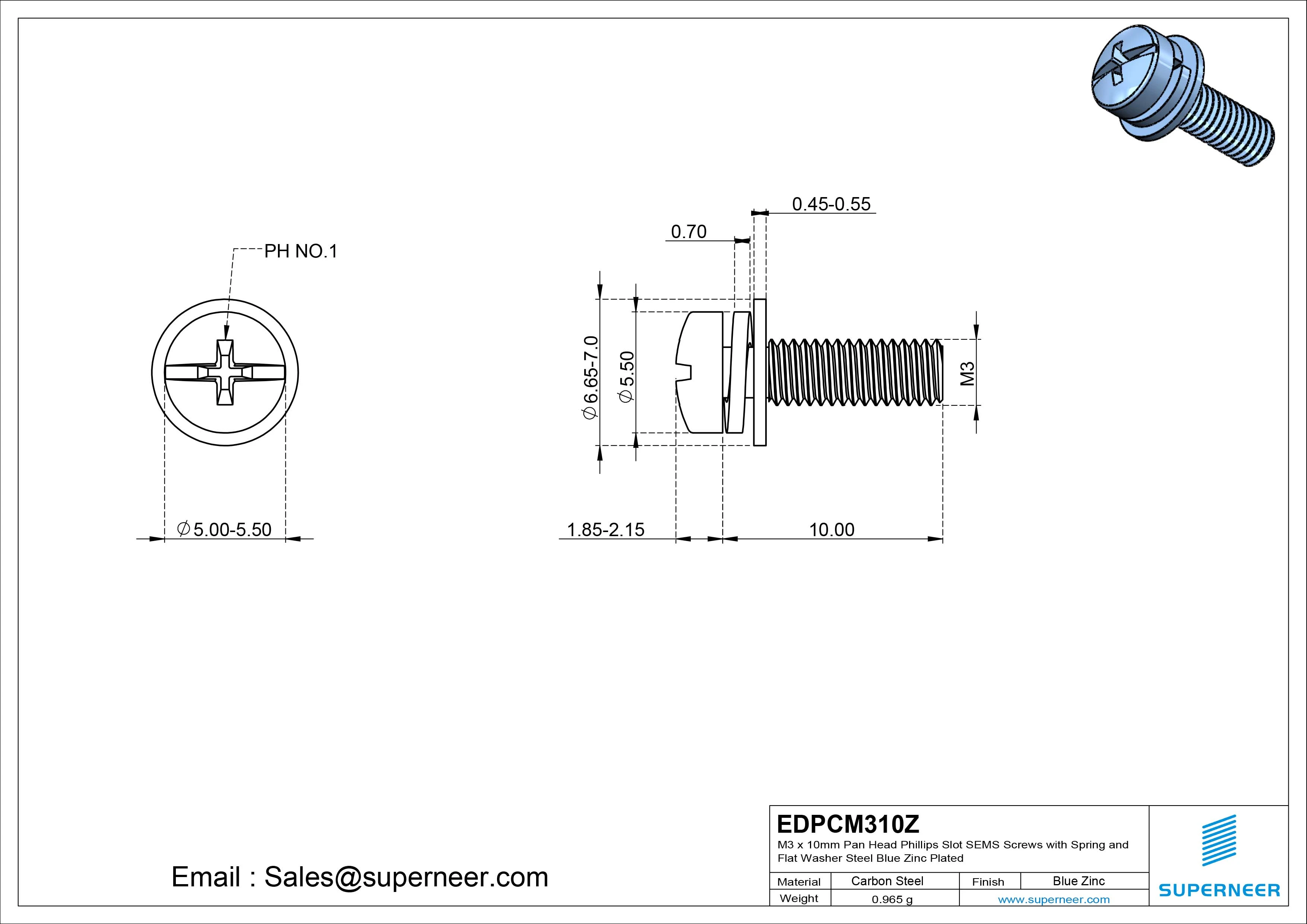 M3 x 10mm Pan Head Phillips Slot SEMS Screws with Spring and Flat Washer Steel Blue Zinc Plated