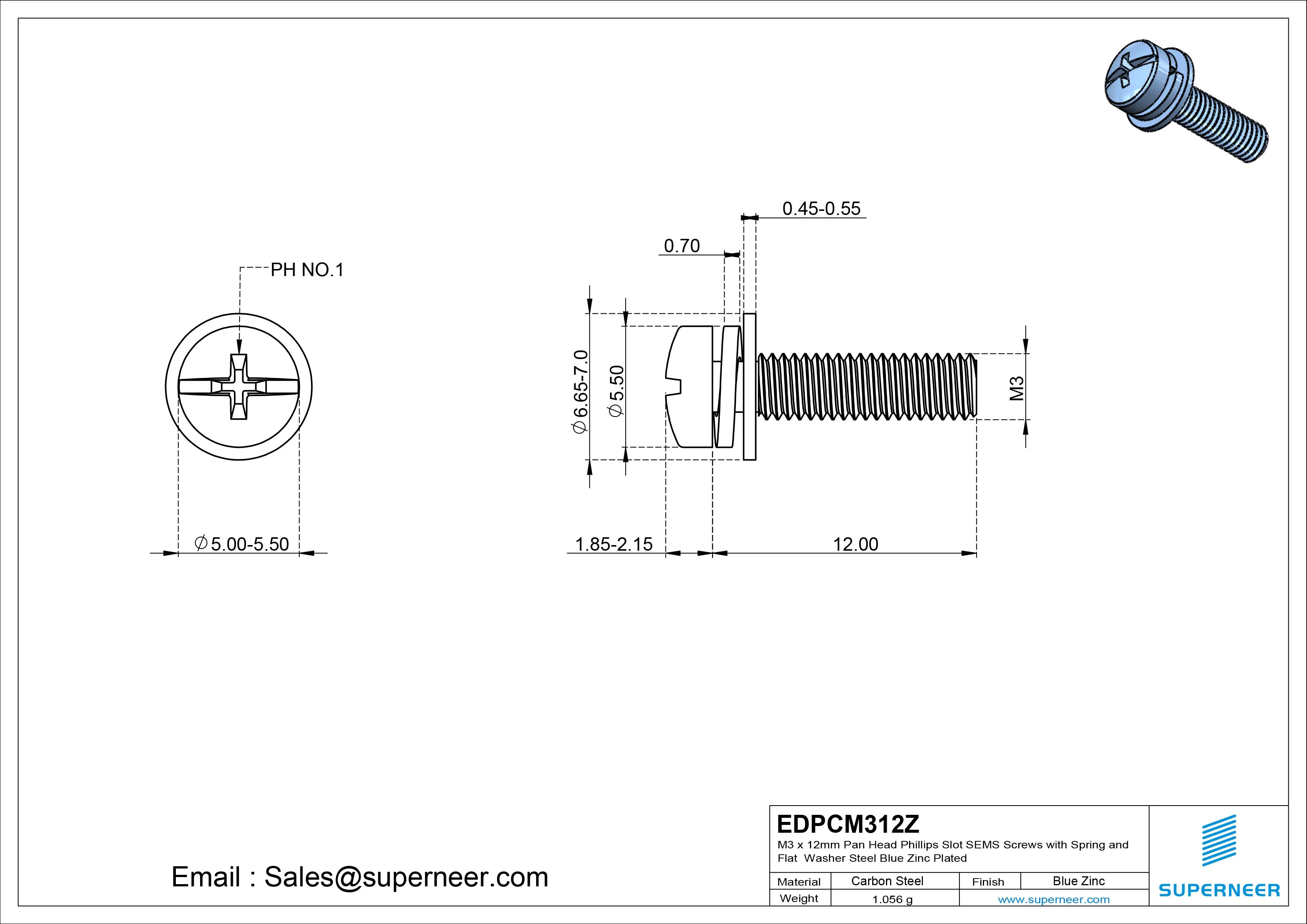 M3 x 12mm Pan Head Phillips Slot SEMS Screws with Spring and Flat Washer Steel Blue Zinc Plated