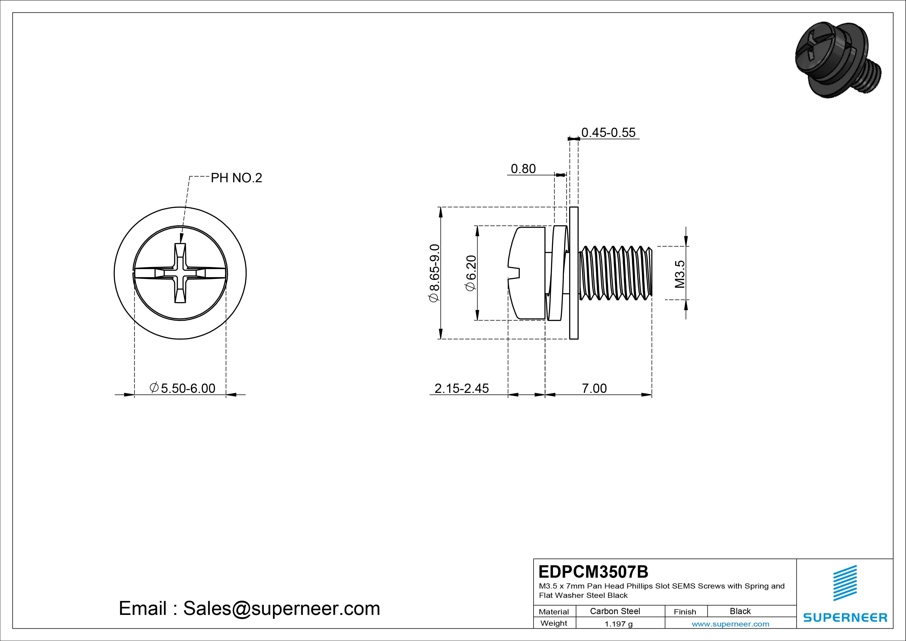 M3.5 x 7mm Pan Head Phillips Slot SEMS Screws with Spring and Flat Washer Steel Black