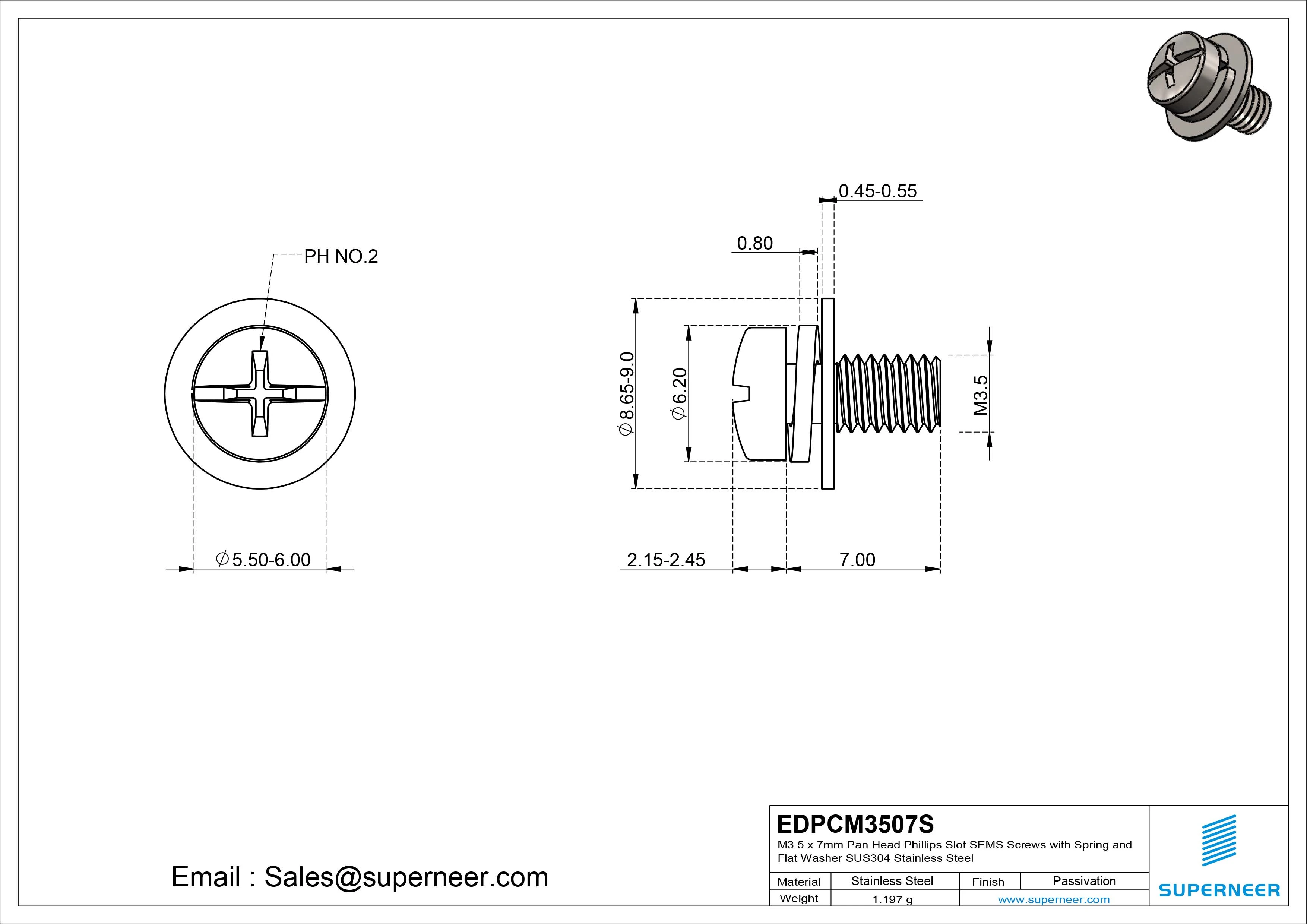 M3.5 x 7mm Pan Head Phillips Slot SEMS Screws with Spring and Flat Washer SUS304 Stainless Steel Inox
