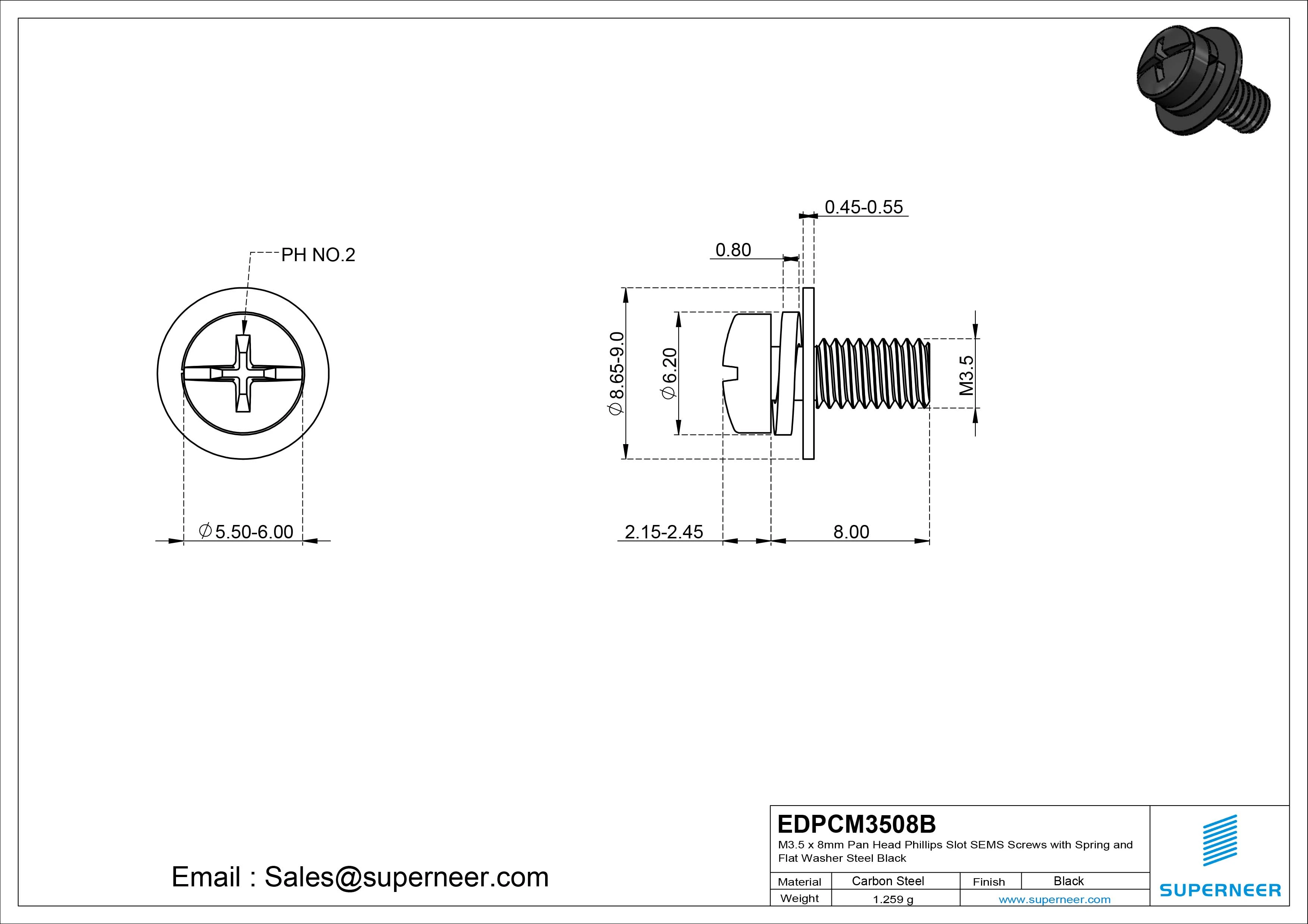 M3.5 x 8mm Pan Head Phillips Slot SEMS Screws with Spring and Flat Washer Steel Black