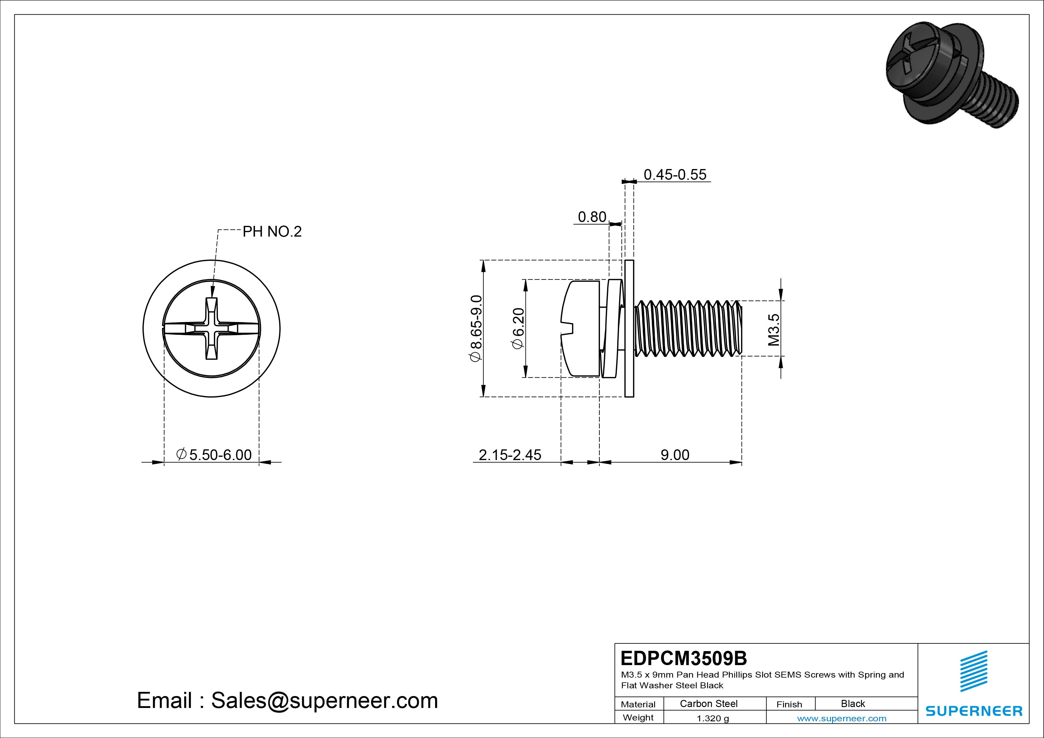M3.5 x 9mm Pan Head Phillips Slot SEMS Screws with Spring and Flat Washer Steel Black