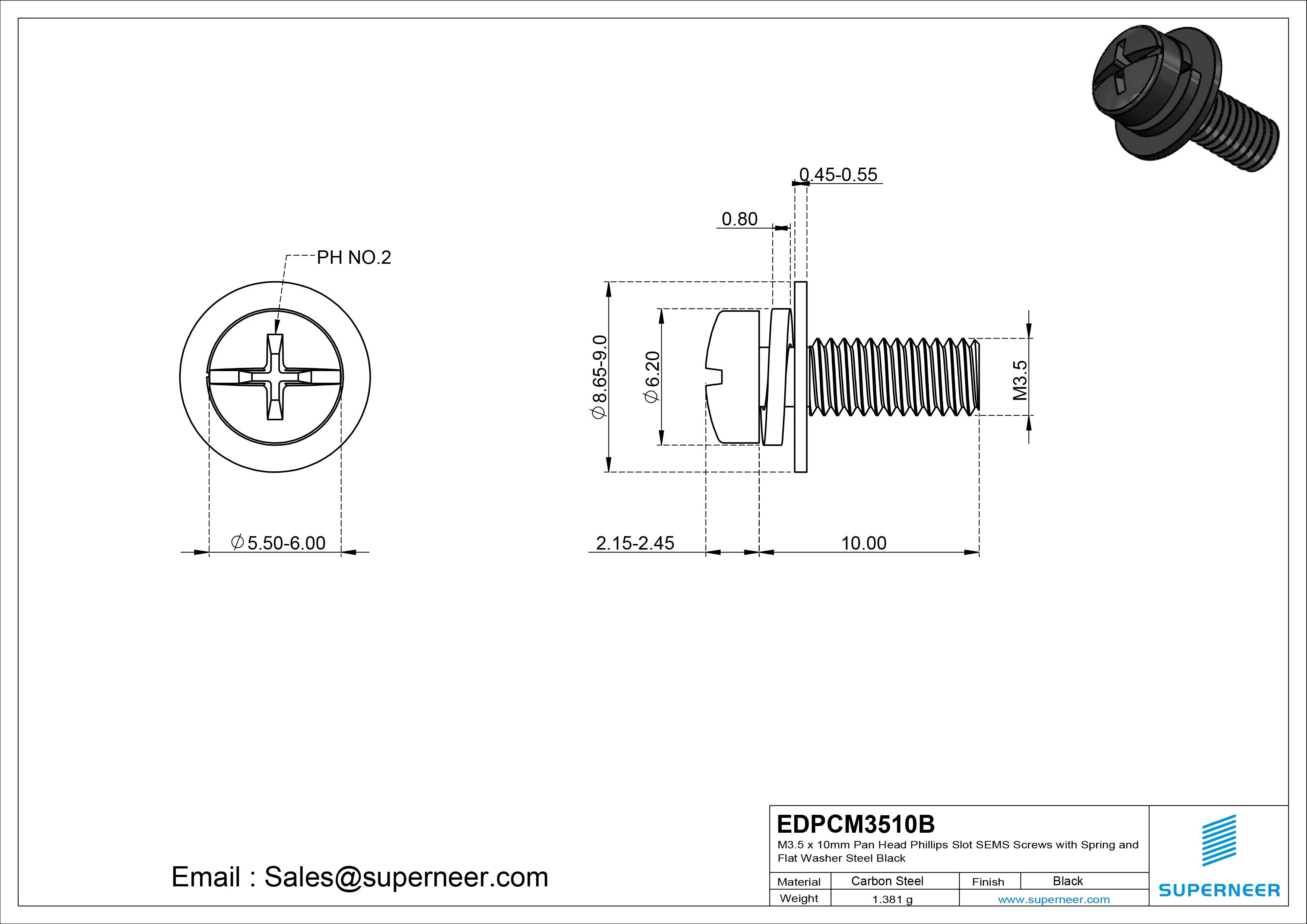 M3.5 x 10mm Pan Head Phillips Slot SEMS Screws with Spring and Flat Washer Steel Black