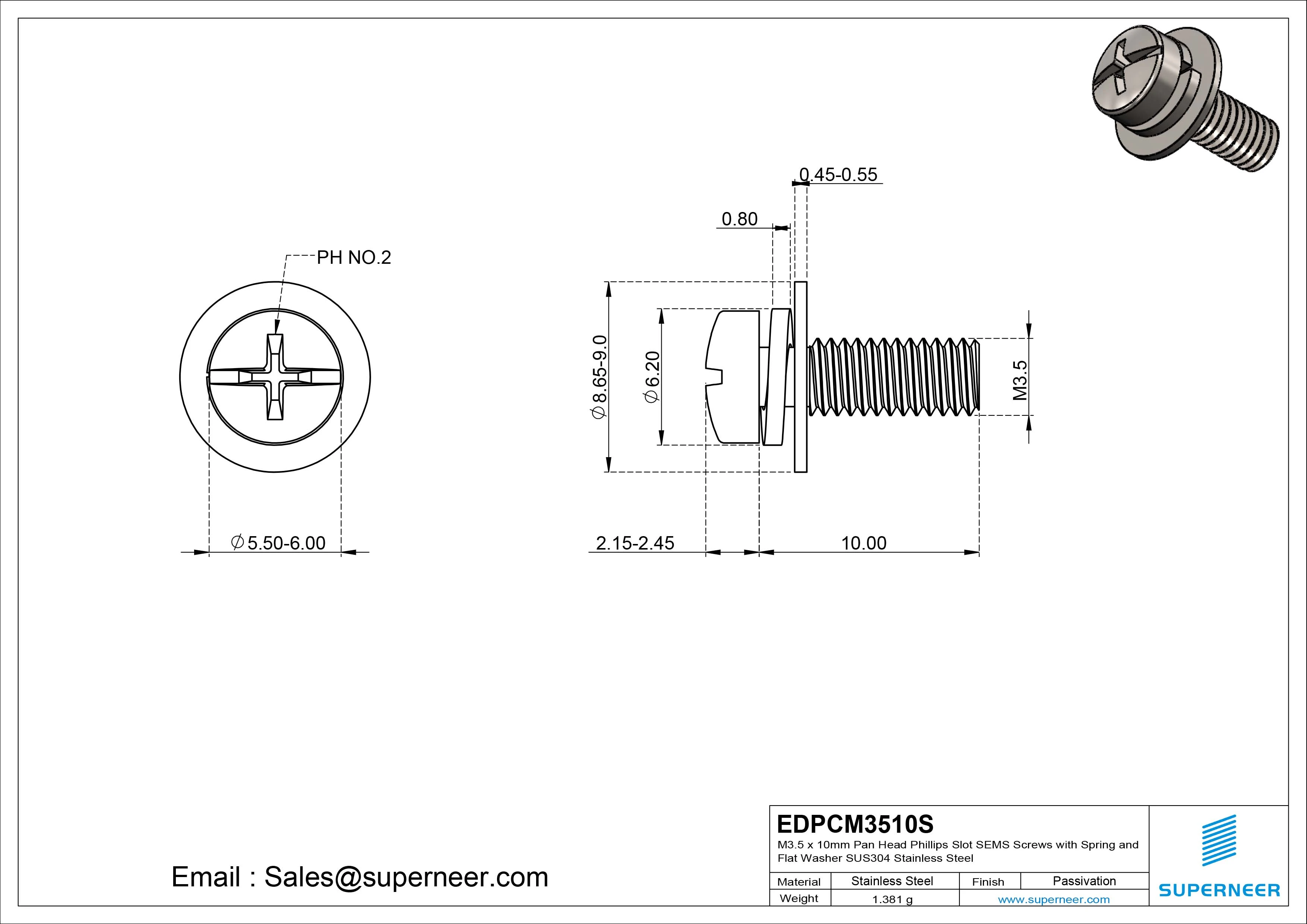 M3.5 x 10mm Pan Head Phillips Slot SEMS Screws with Spring and Flat Washer SUS304 Stainless Steel Inox