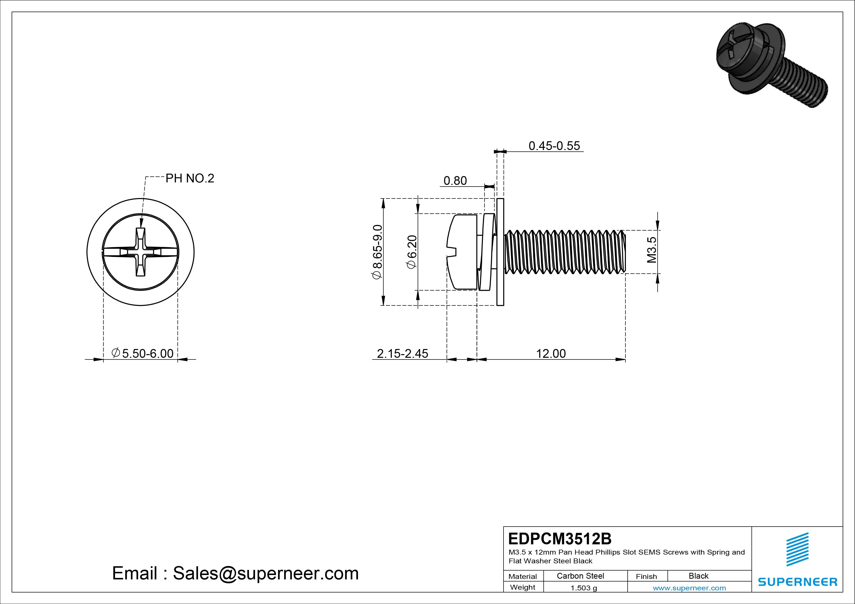 M3.5 x 12mm Pan Head Phillips Slot SEMS Screws with Spring and Flat Washer Steel Black