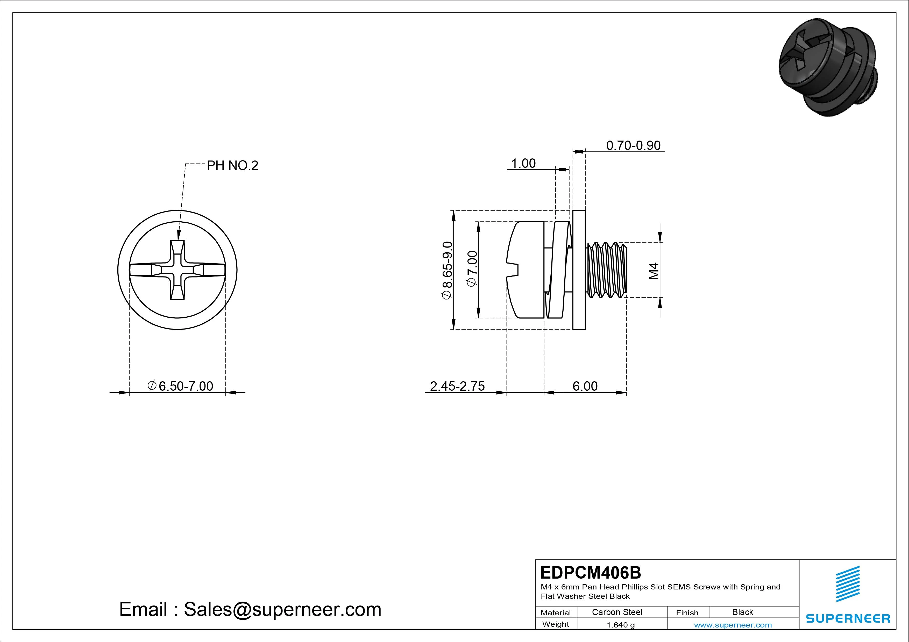 M4 x 6mm Pan Head Phillips Slot SEMS Screws with Spring and Flat Washer Steel Black