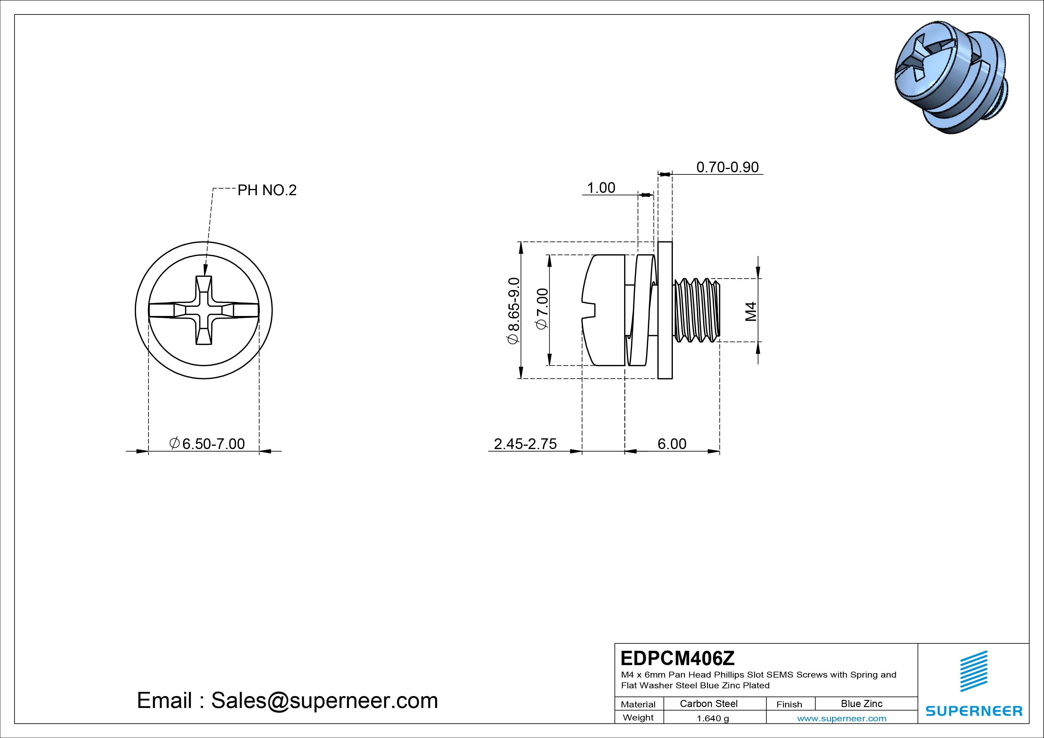 M4 x 6mm Pan Head Phillips Slot SEMS Screws with Spring and Flat Washer Steel Blue Zinc Plated