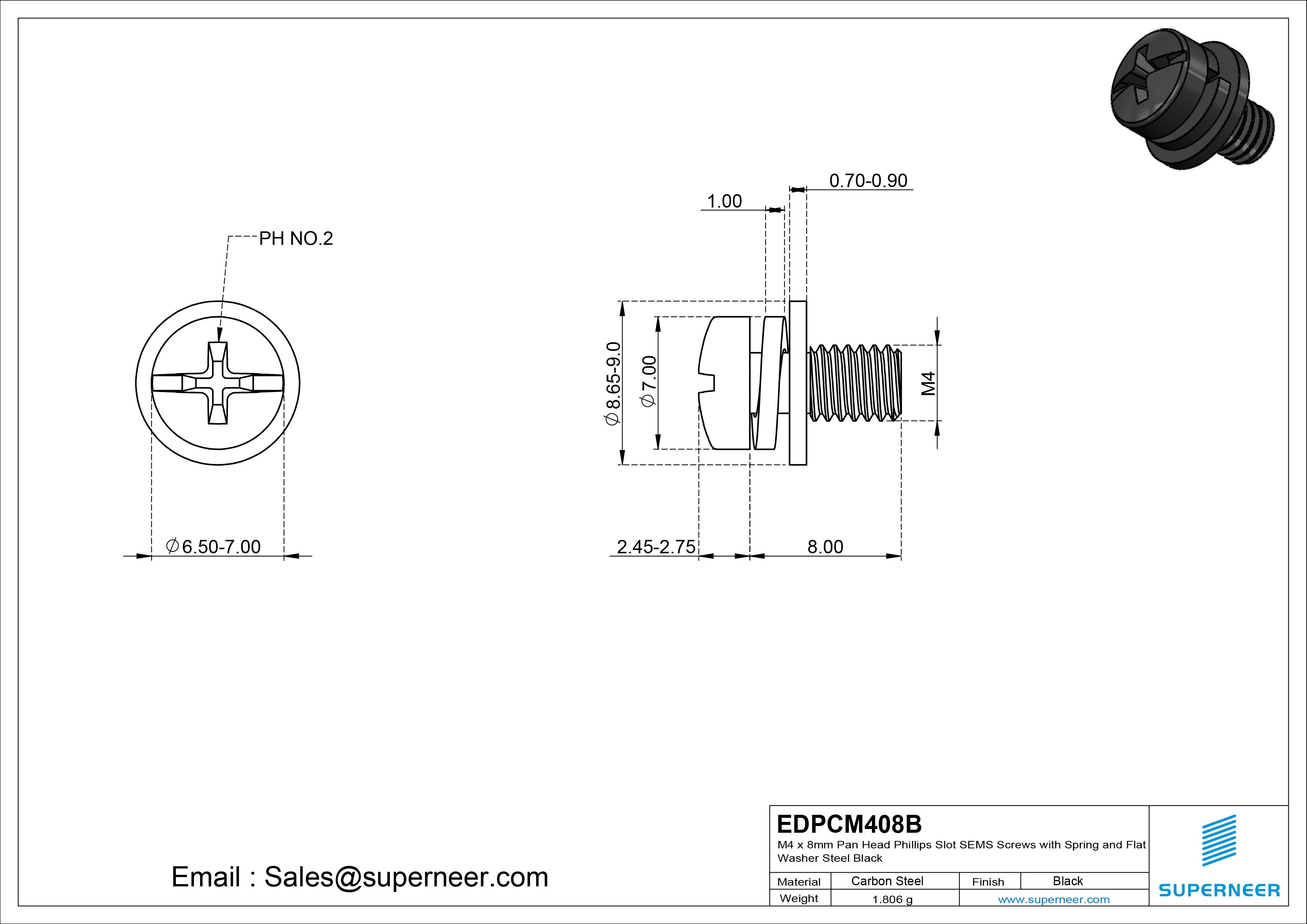 M4 x 8mm Pan Head Phillips Slot SEMS Screws with Spring and Flat Washer Steel Black