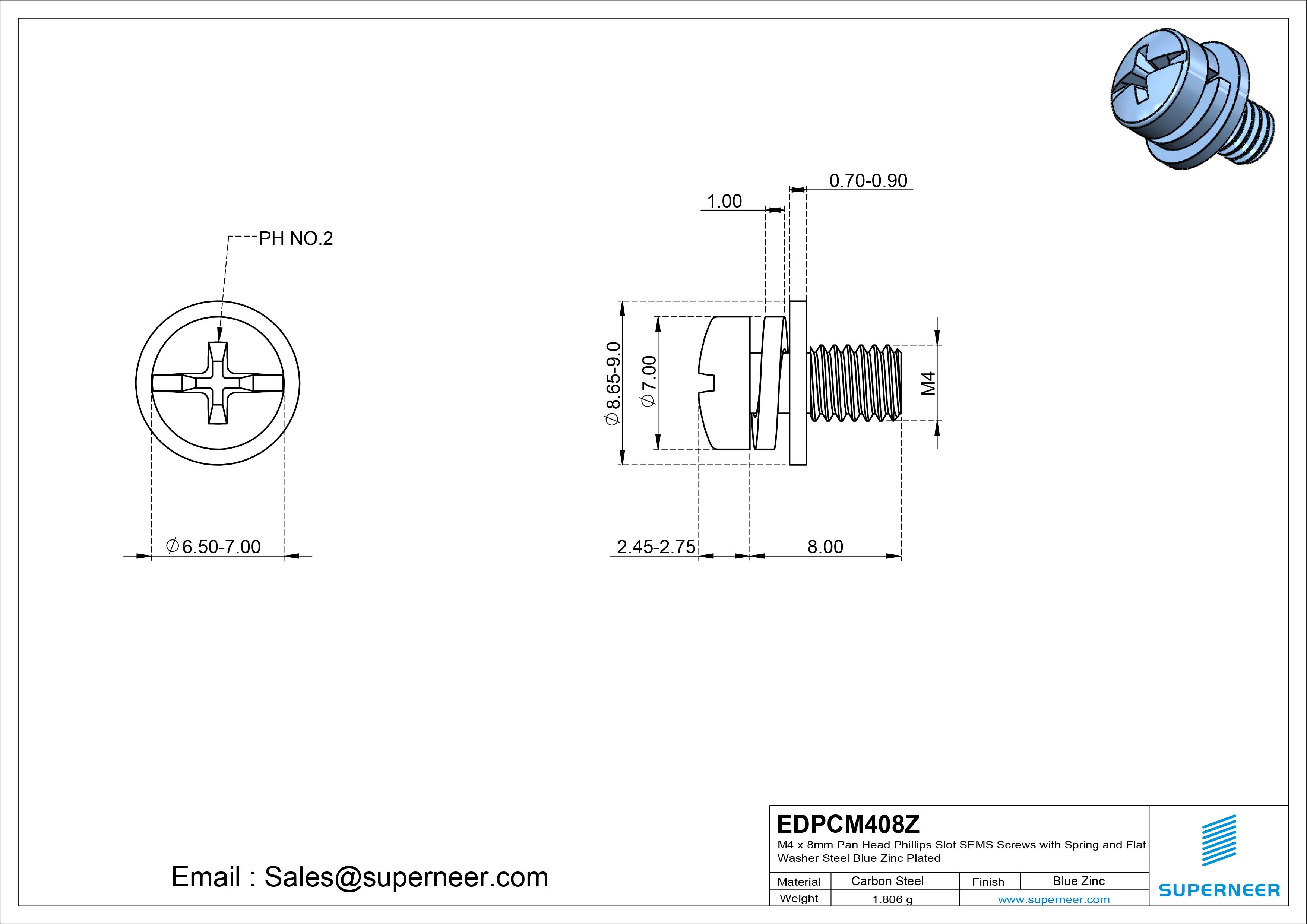 M4 x 8mm Pan Head Phillips Slot SEMS Screws with Spring and Flat Washer Steel Blue Zinc Plated