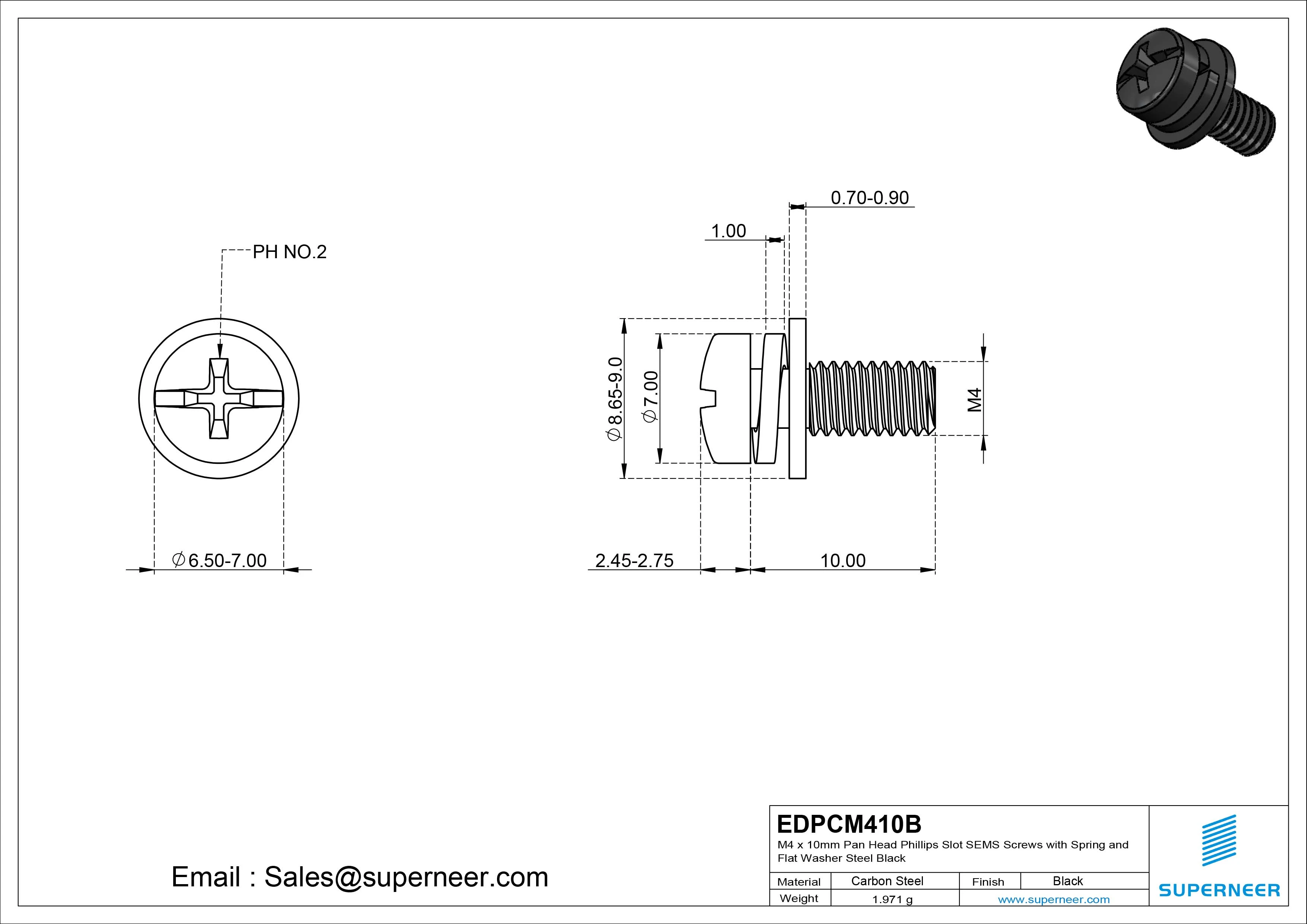 M4 x 10mm Pan Head Phillips Slot SEMS Screws with Spring and Flat Washer Steel Black