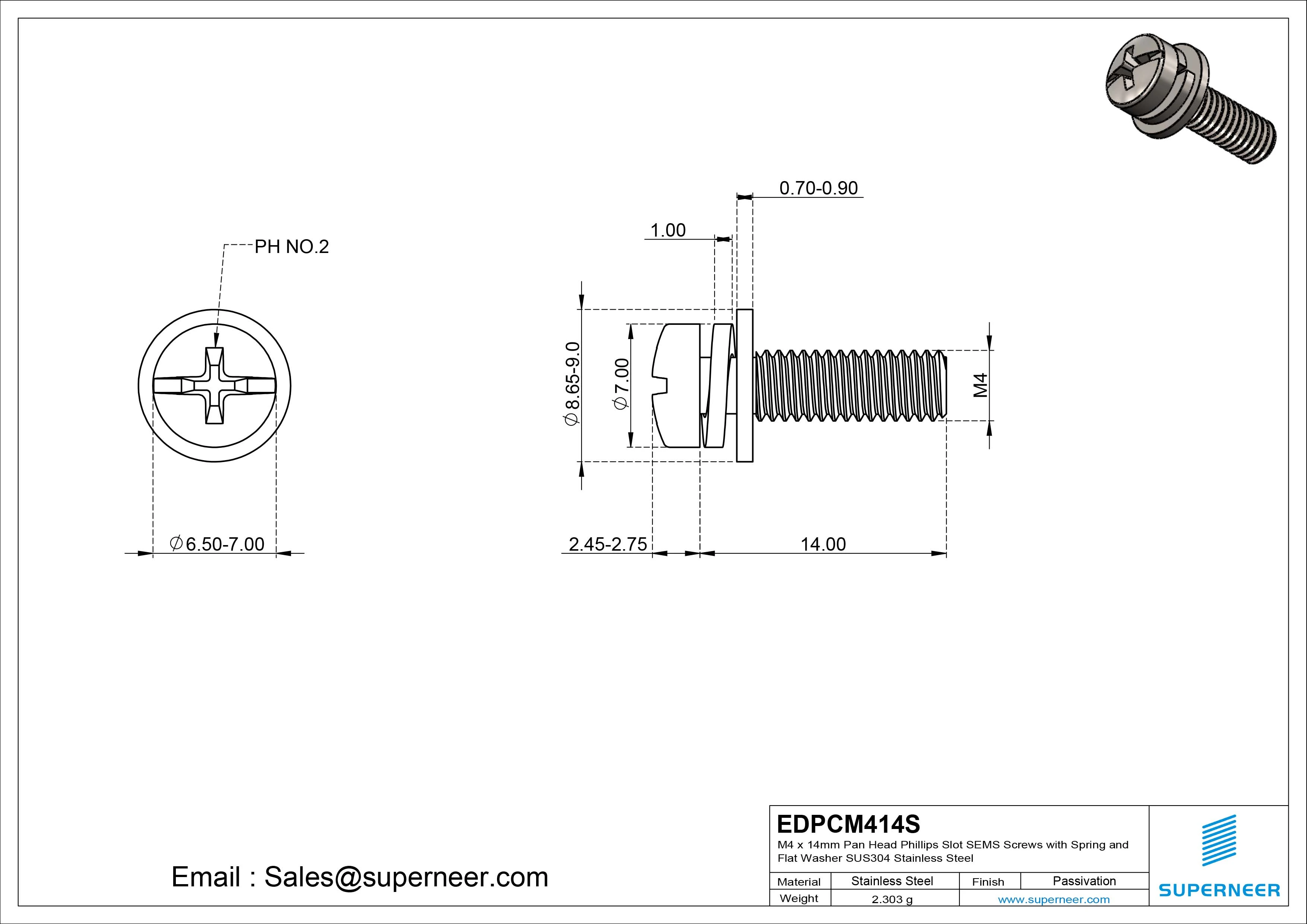 M4 x 14mm Pan Head Phillips Slot SEMS Screws with Spring and Flat Washer SUS304 Stainless Steel Inox