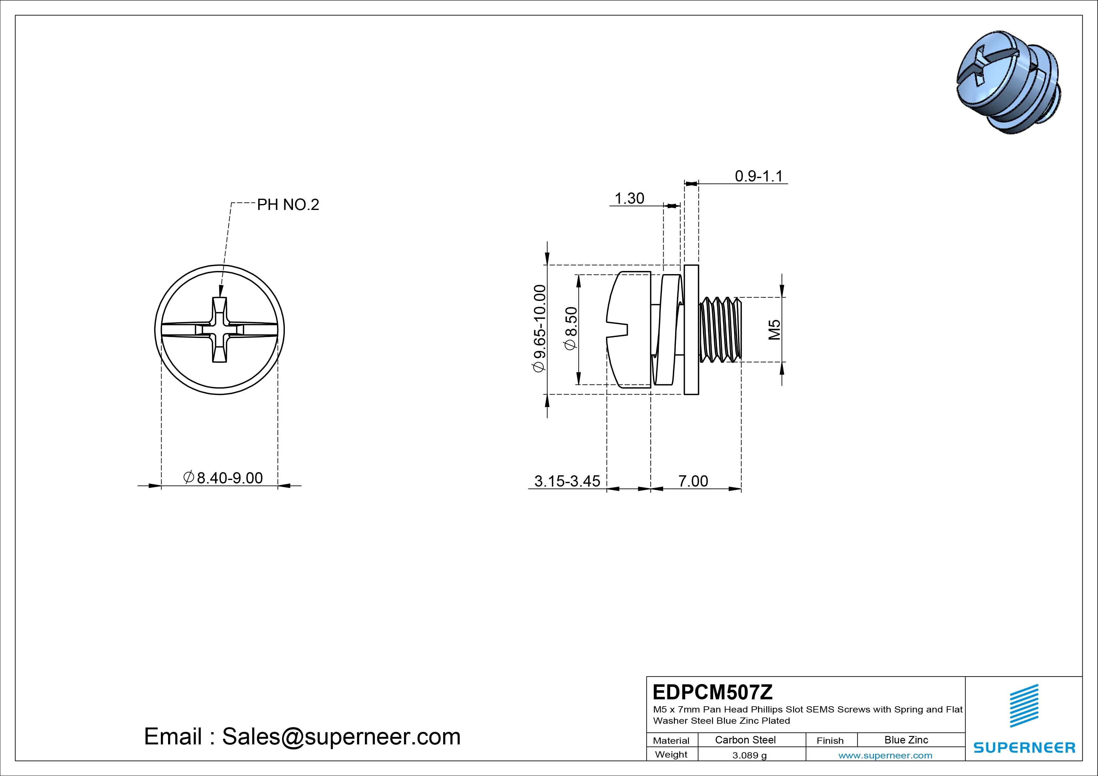 M5 x 7mm Pan Head Phillips Slot SEMS Screws with Spring and Flat Washer Steel Blue Zinc Plated