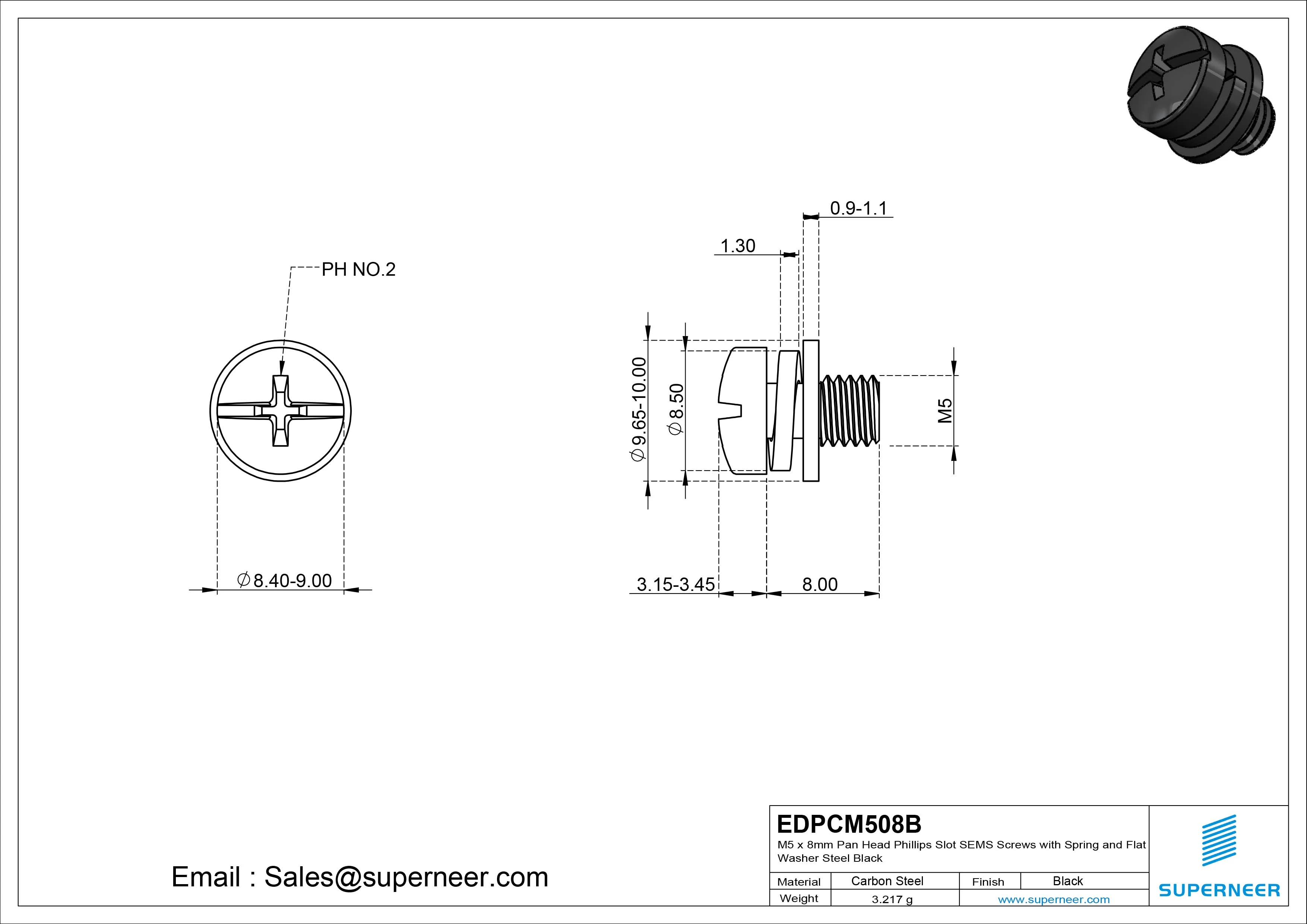 M5 x 8mm Pan Head Phillips Slot SEMS Screws with Spring and Flat Washer Steel Black