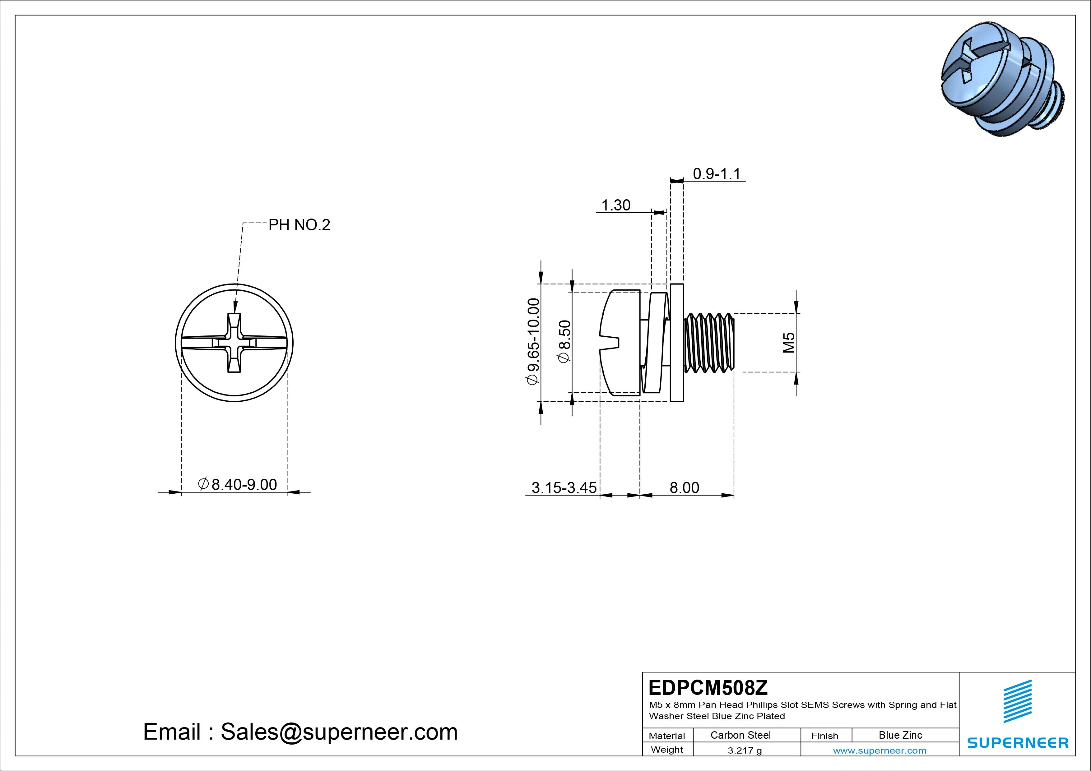 M5 x 8mm Pan Head Phillips Slot SEMS Screws with Spring and Flat Washer Steel Blue Zinc Plated