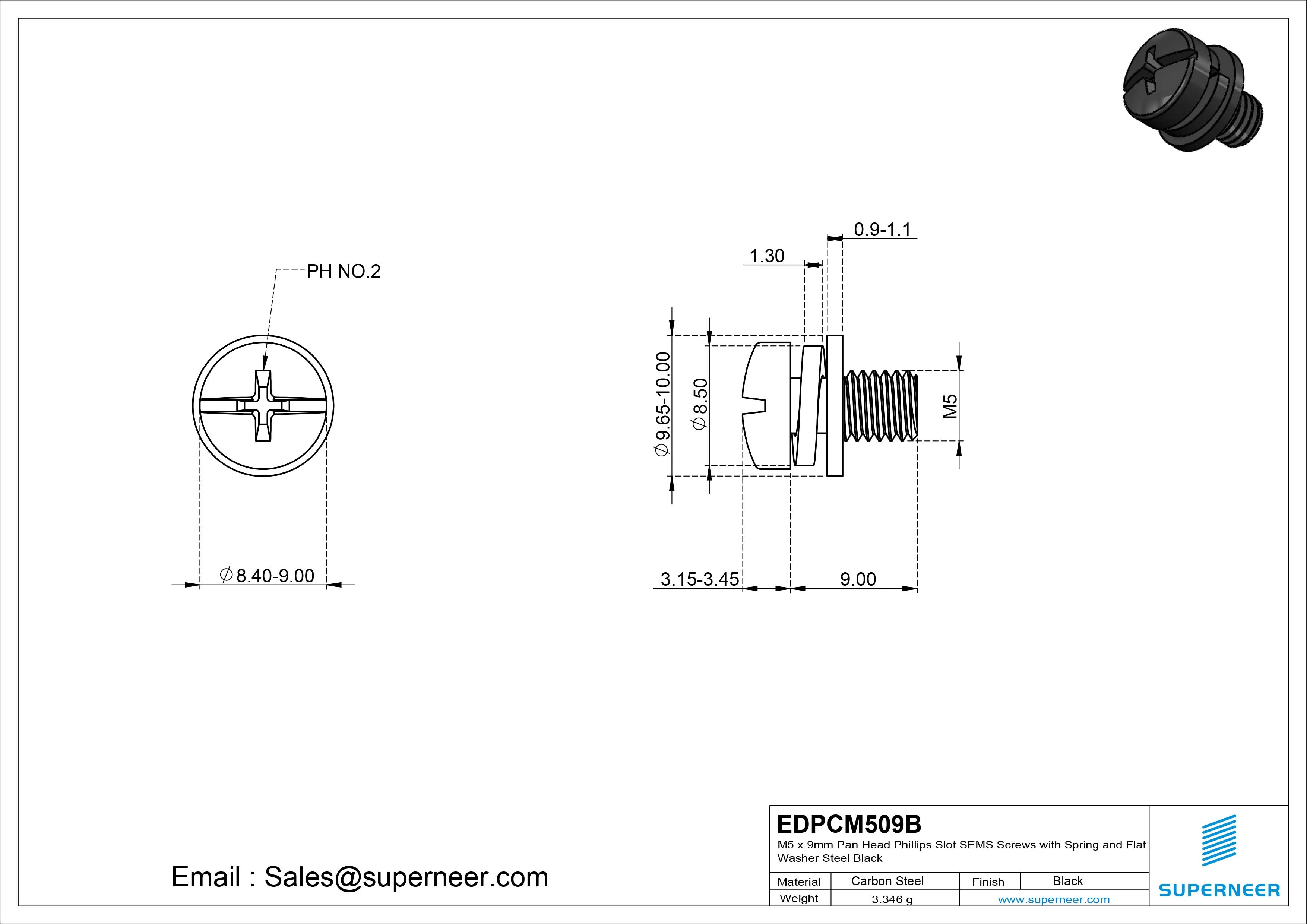M5 x 9mm Pan Head Phillips Slot SEMS Screws with Spring and Flat Washer Steel Black