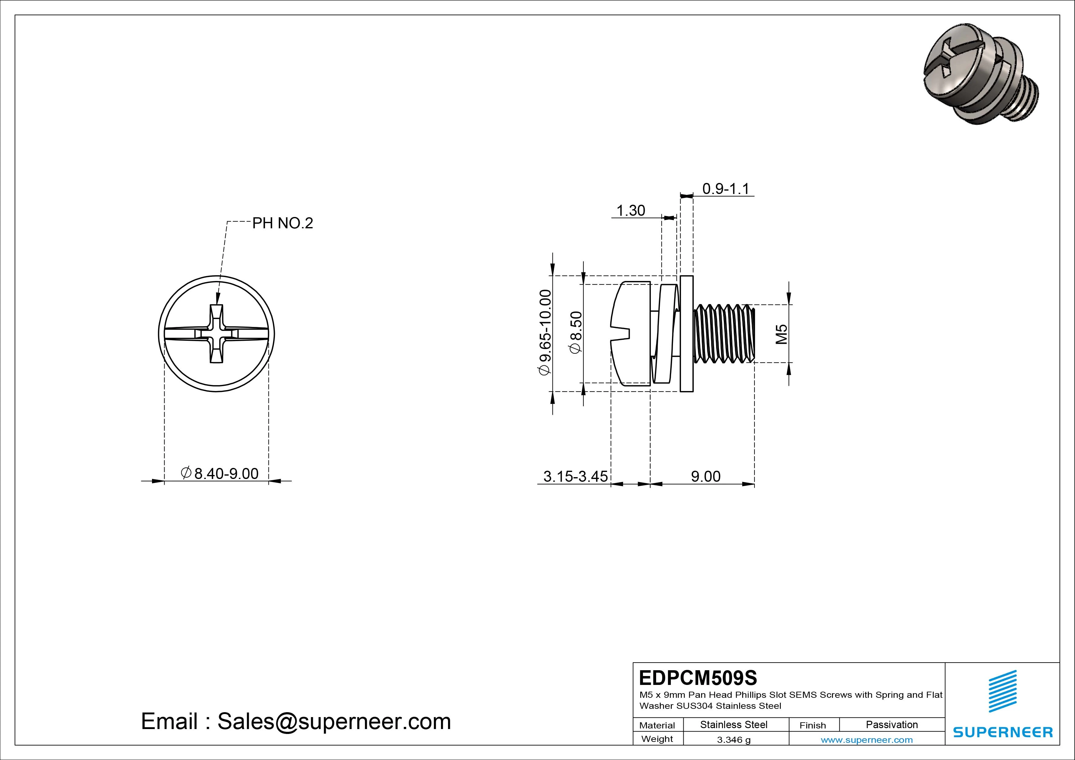 M5 x 9mm Pan Head Phillips Slot SEMS Screws with Spring and Flat Washer SUS304 Stainless Steel Inox