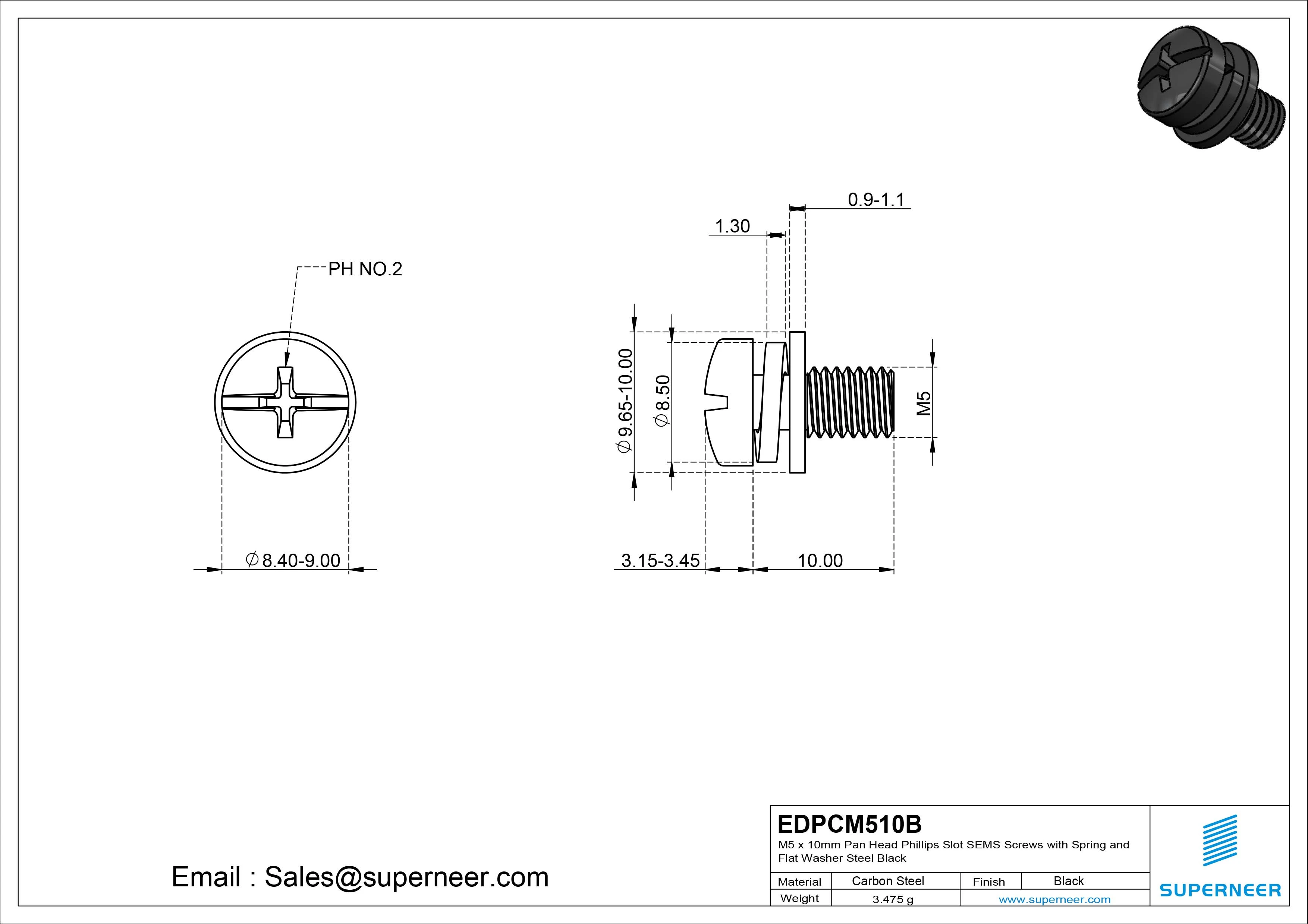 M5 x 10mm Pan Head Phillips Slot SEMS Screws with Spring and Flat Washer Steel Black