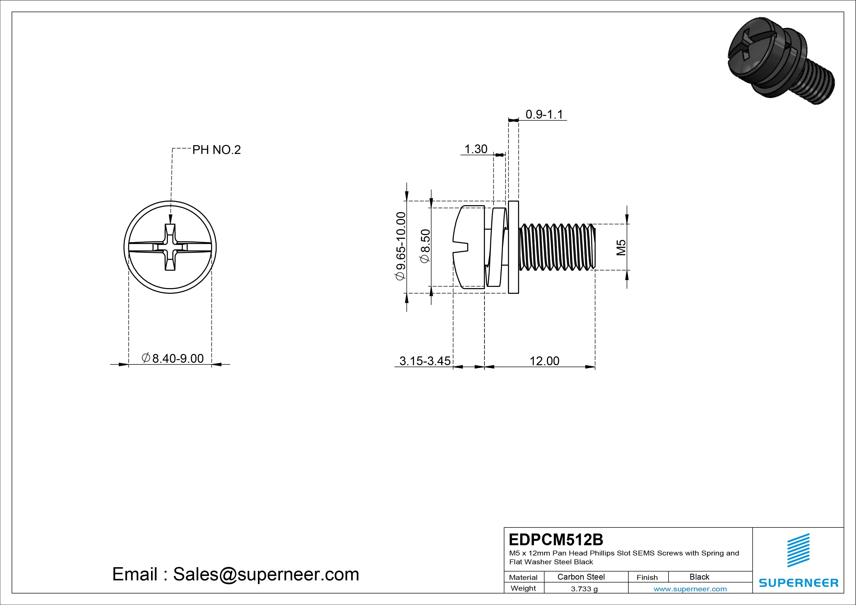 M5 x 12mm Pan Head Phillips Slot SEMS Screws with Spring and Flat Washer Steel Black