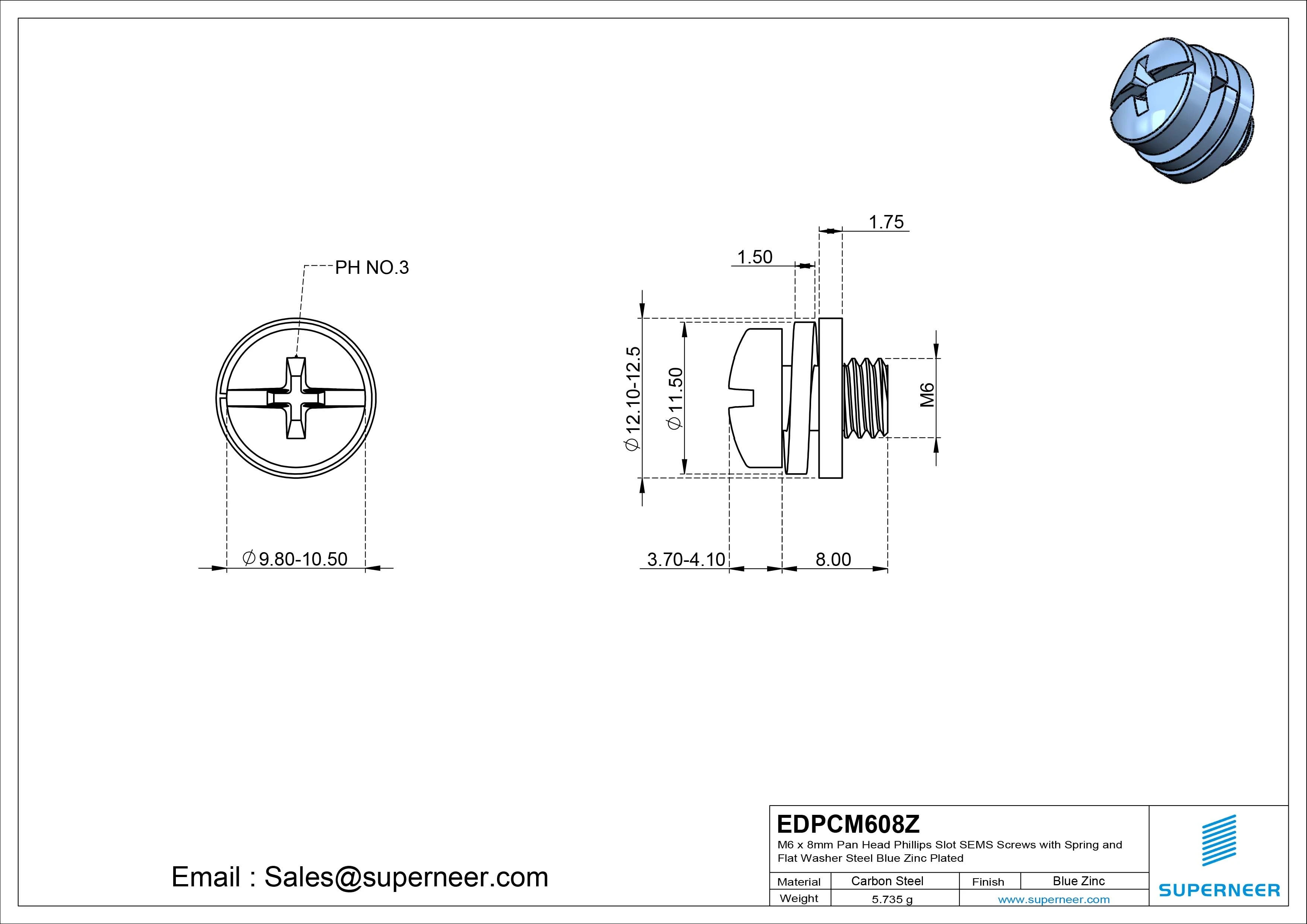 M6 x 8mm Pan Head Phillips Slot SEMS Screws with Spring and Flat Washer Steel Blue Zinc Plated