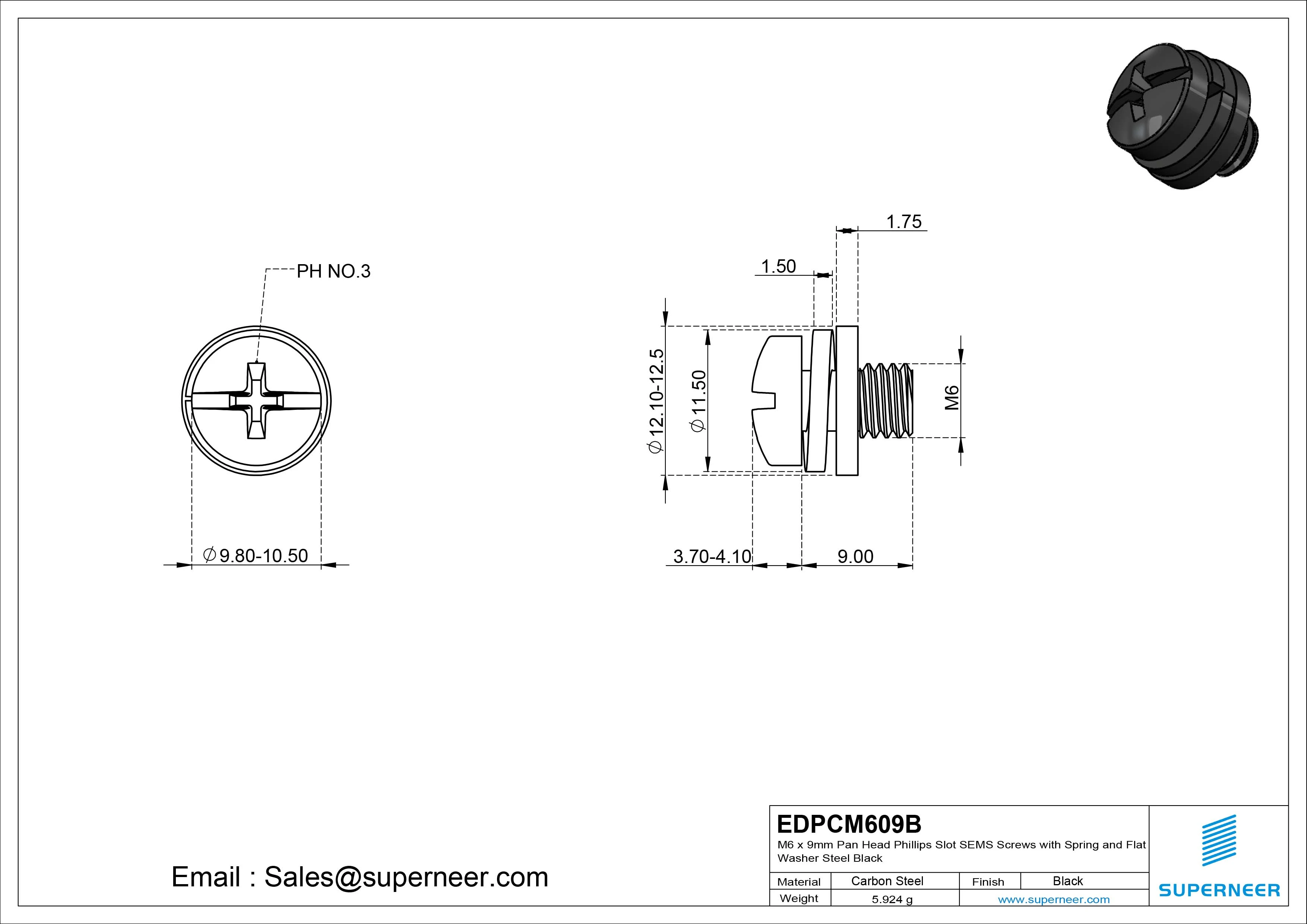 M6 x 9mm Pan Head Phillips Slot SEMS Screws with Spring and Flat Washer Steel Black