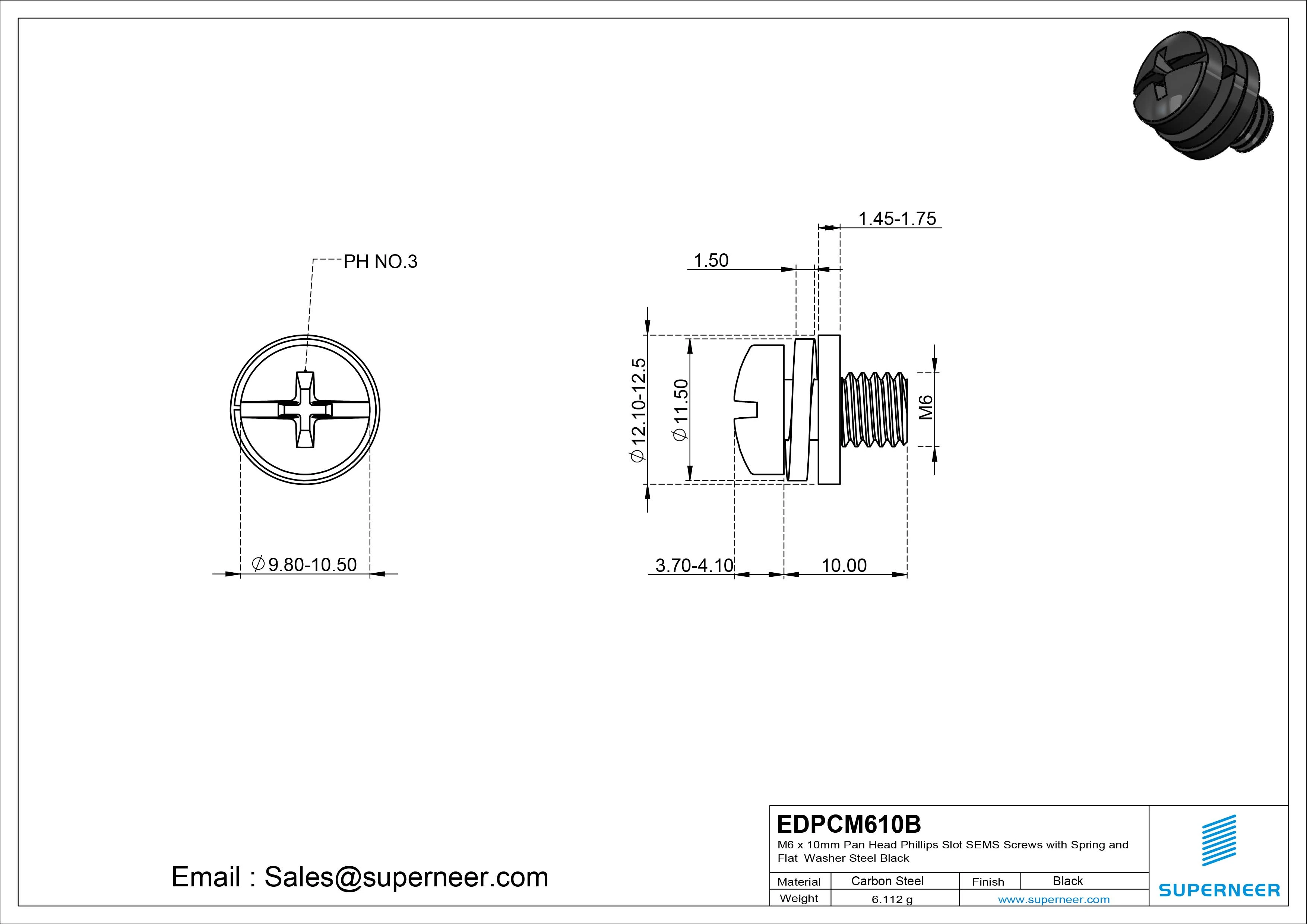 M6 x 10mm Pan Head Phillips Slot SEMS Screws with Spring and Flat Washer Steel Black