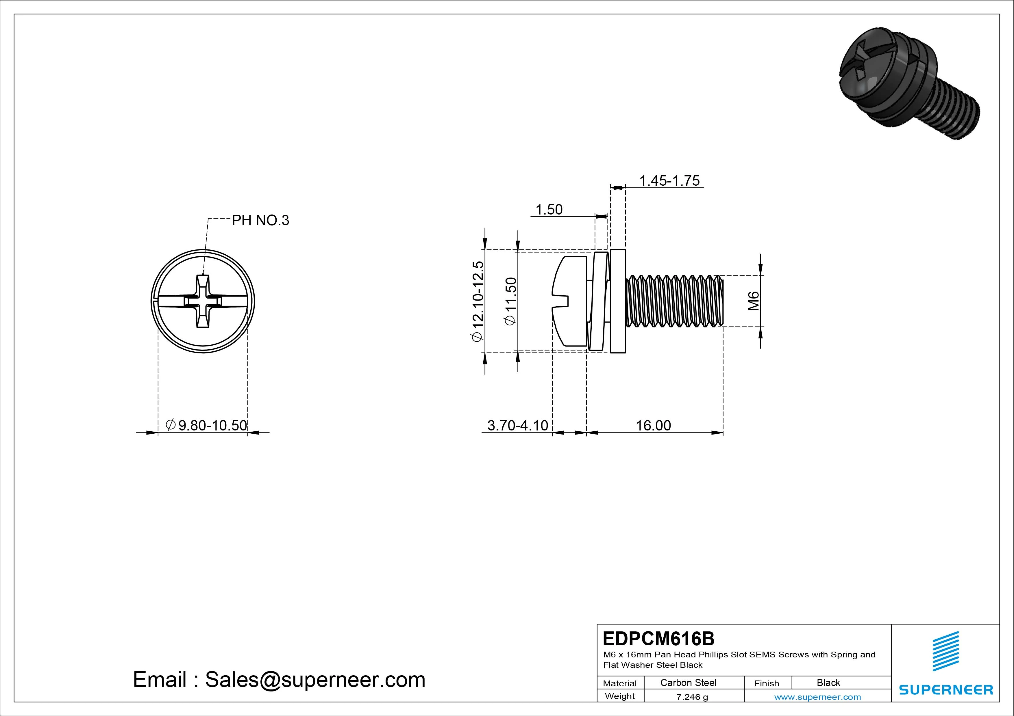 M6 x 16mm Pan Head Phillips Slot SEMS Screws with Spring and Flat Washer Steel Black