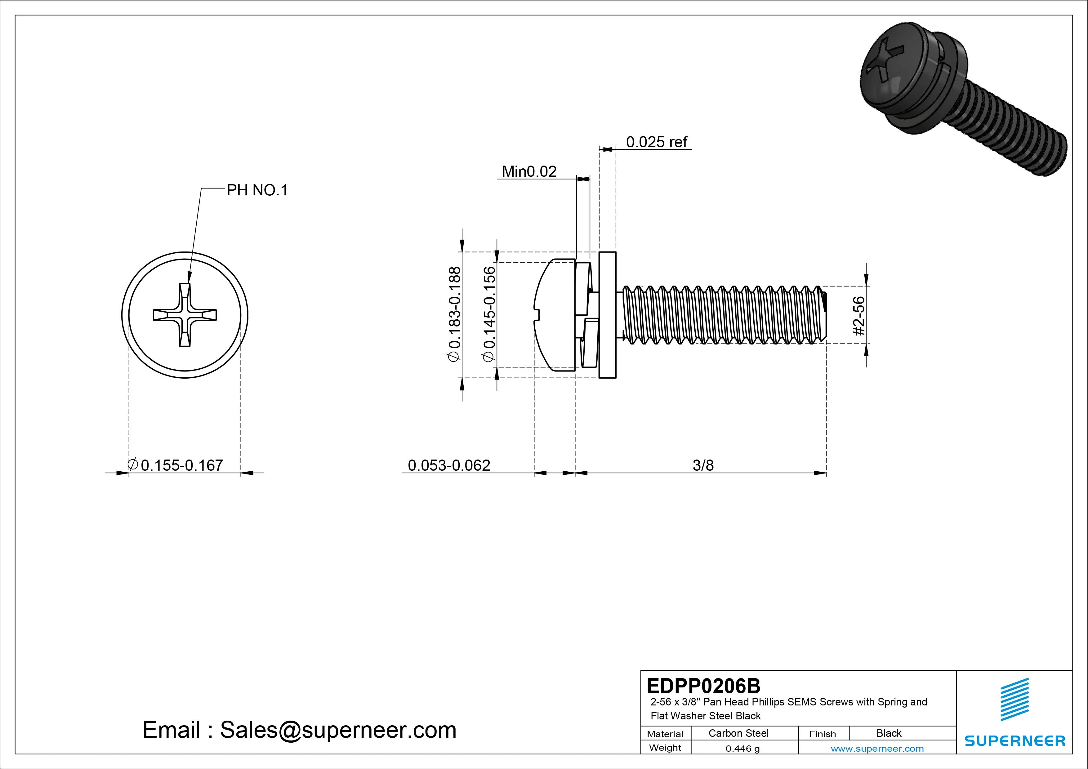 2-56 x 3/8" Pan Head Phillips SEMS Screws with Spring and Flat Washer Steel Black