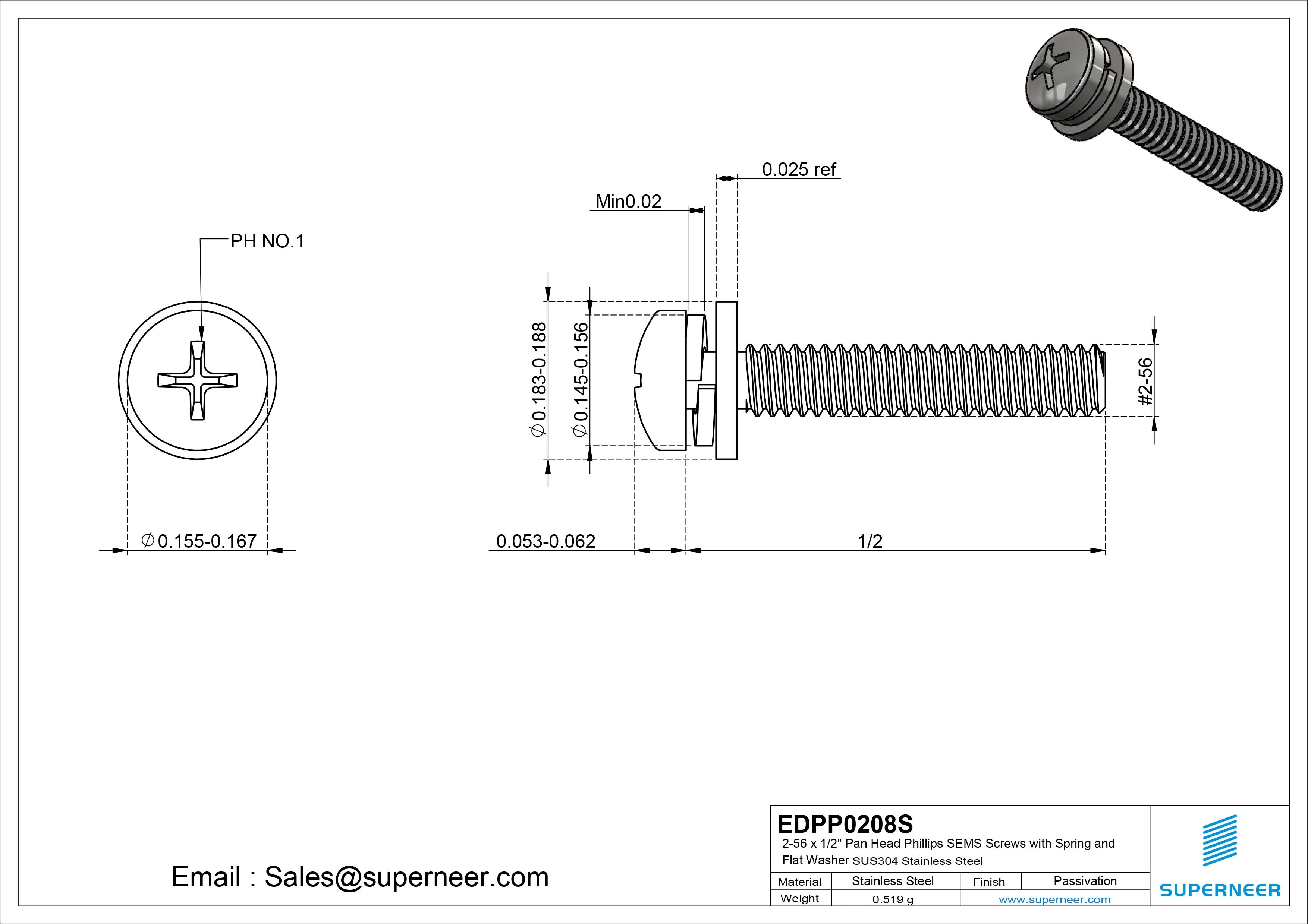2-56 x 1/2" Pan Head Phillips SEMS Screws with Spring and Flat Washer SUS304 Stainless Steel Inox