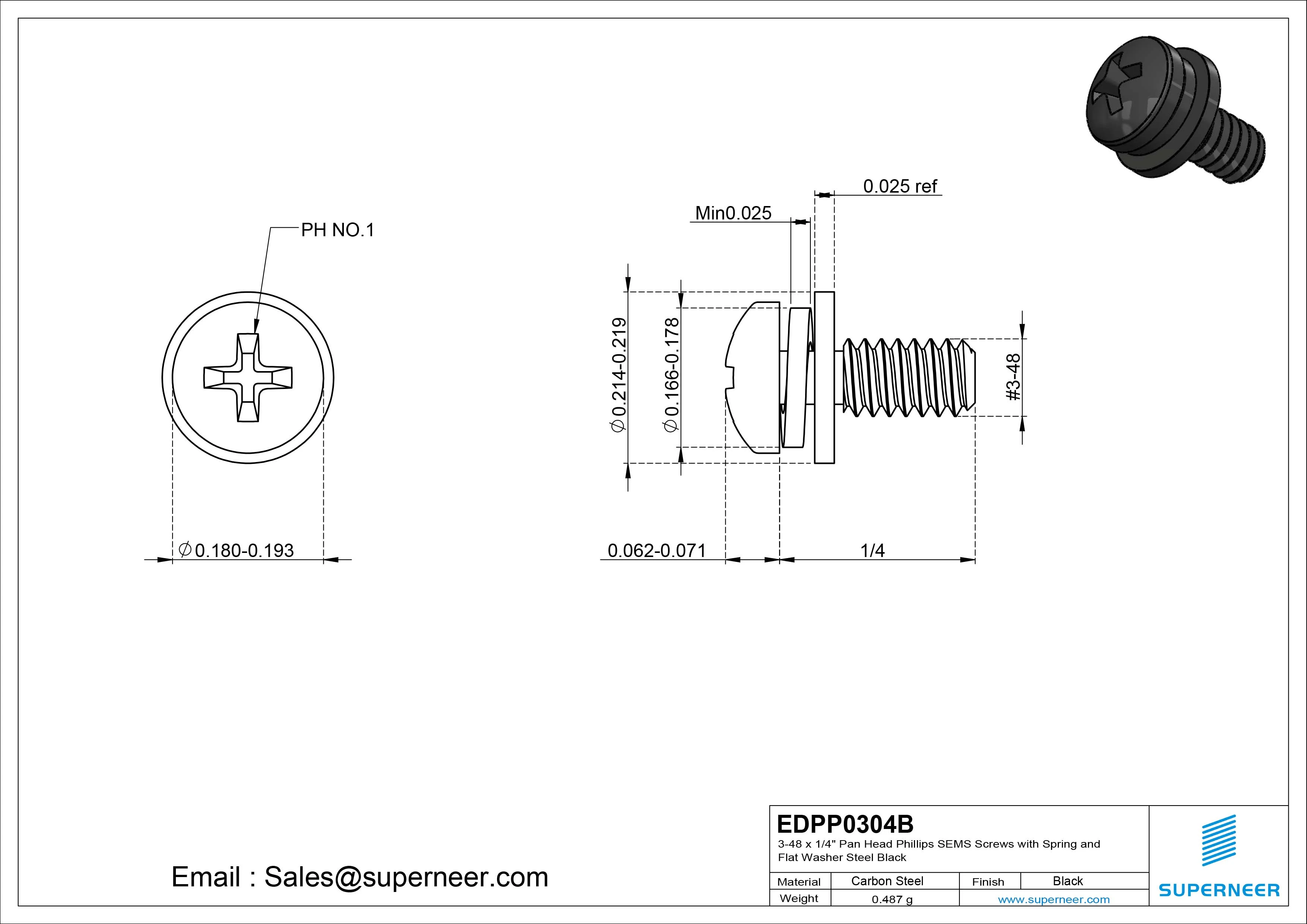 3-48 x 1/4" Pan Head Phillips SEMS Screws with Spring and Flat Washer Steel Black