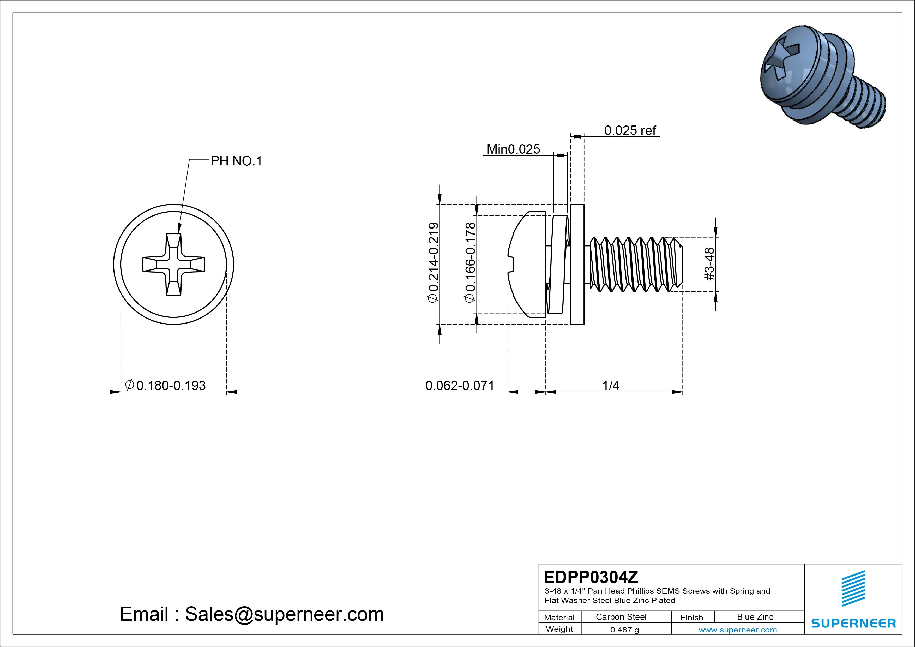 3-48 x 1/4" Pan Head Phillips SEMS Screws with Spring and Flat Washer Steel Blue Zinc Plated