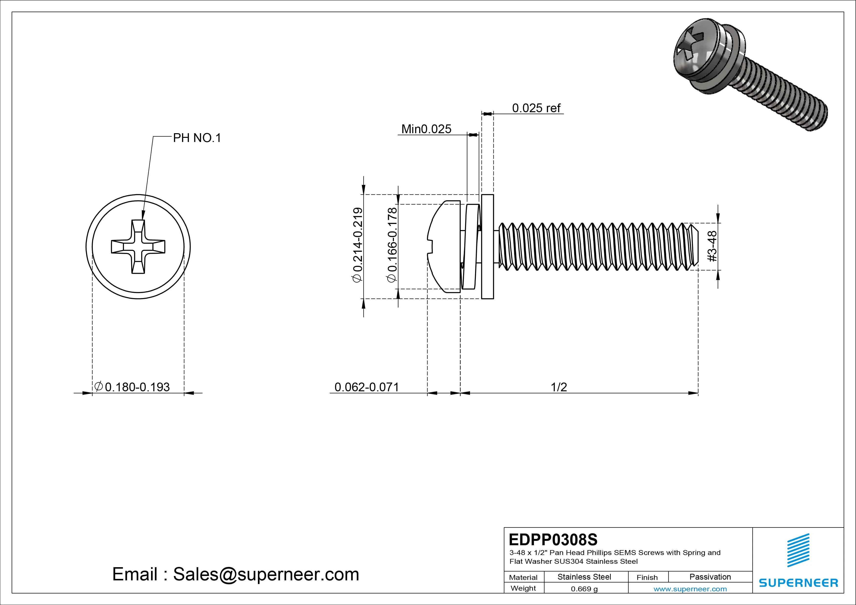 3-48 x 1/2" Pan Head Phillips SEMS Screws with Spring and Flat Washer SUS304 Stainless Steel Inox