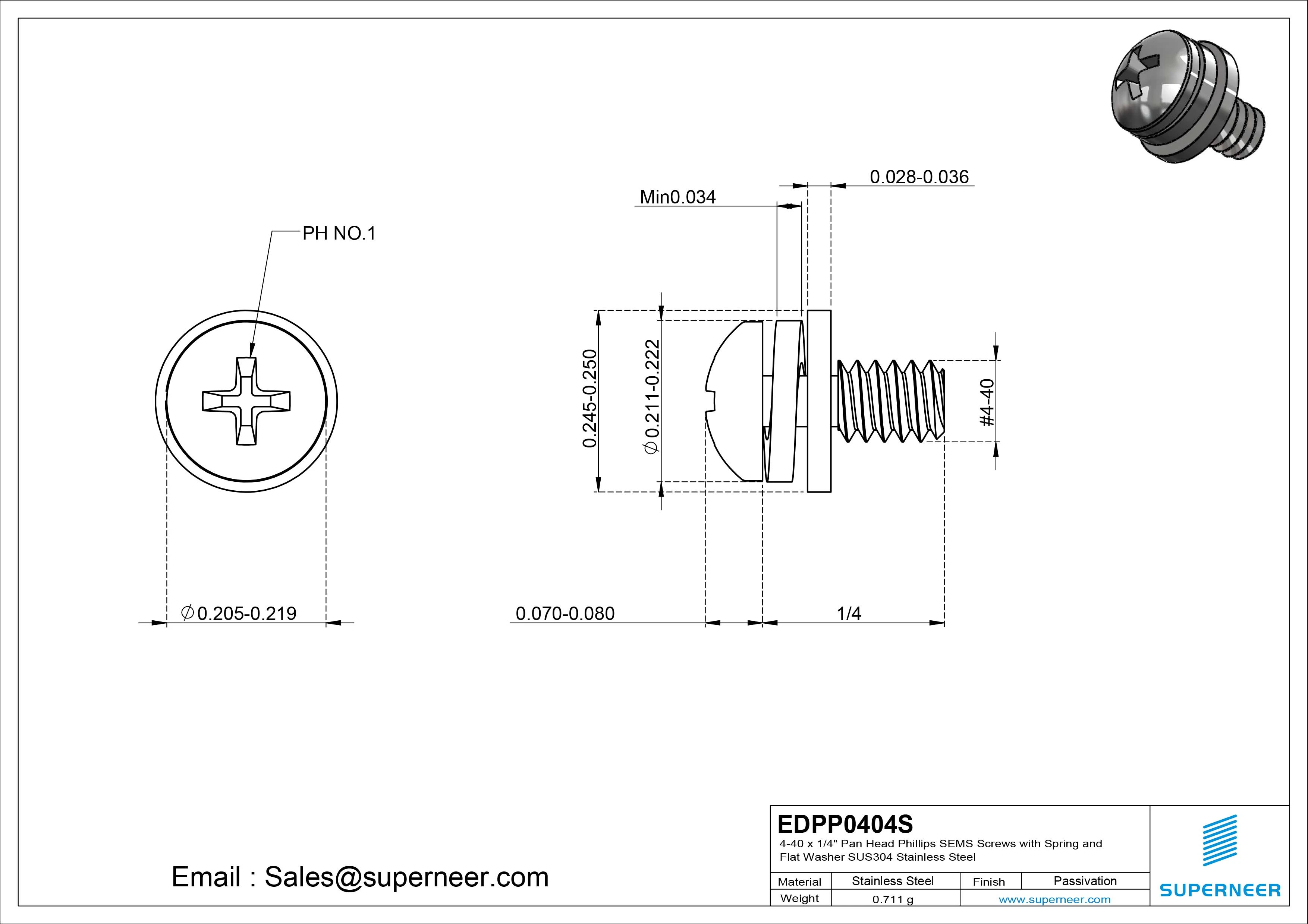 4-40 x 1/4" Pan Head Phillips SEMS Screws with Spring and Flat Washer SUS304 Stainless Steel Inox