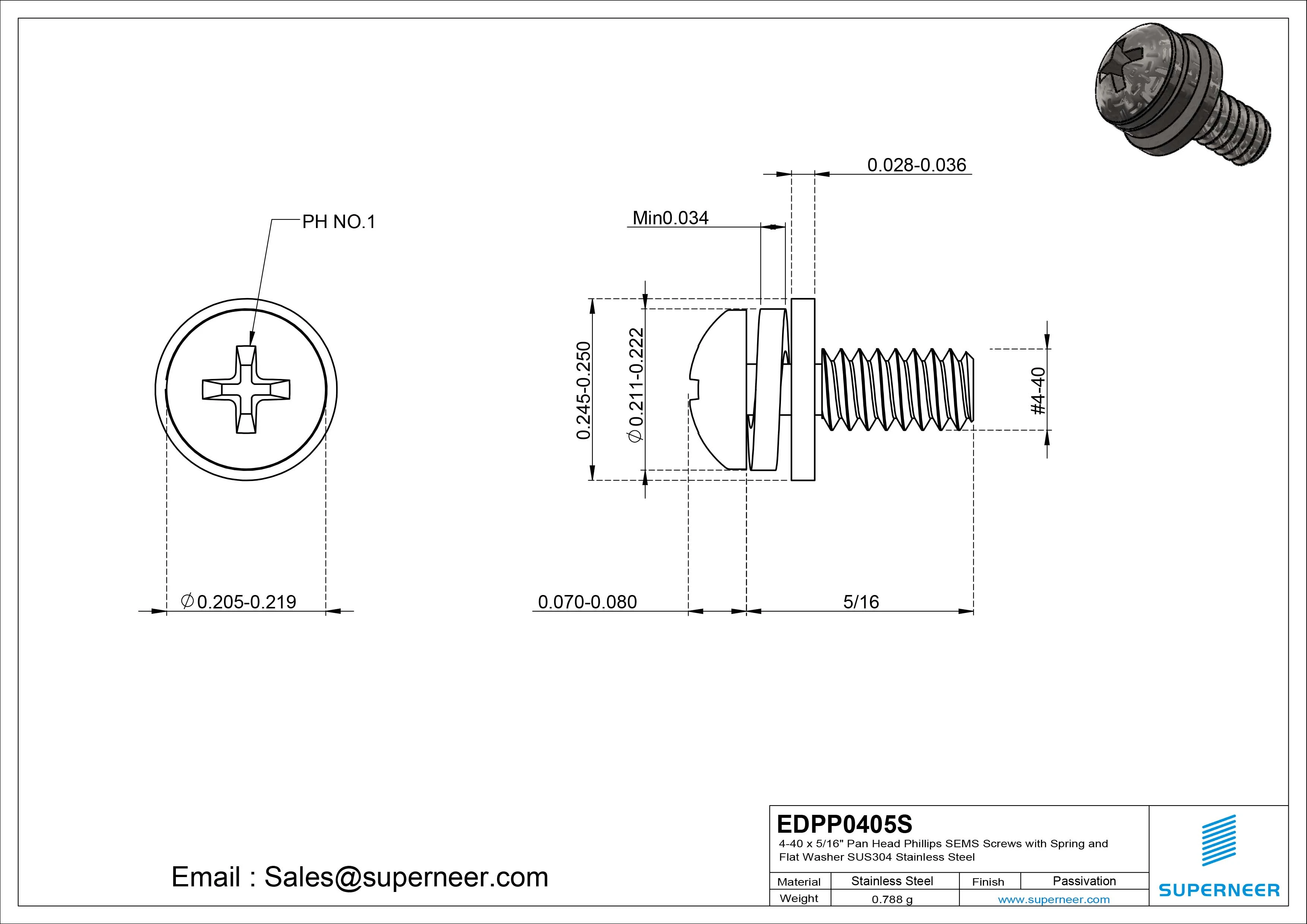 4-40 x 5/16" Pan Head Phillips SEMS Screws with Spring and Flat Washer SUS304 Stainless Steel Inox