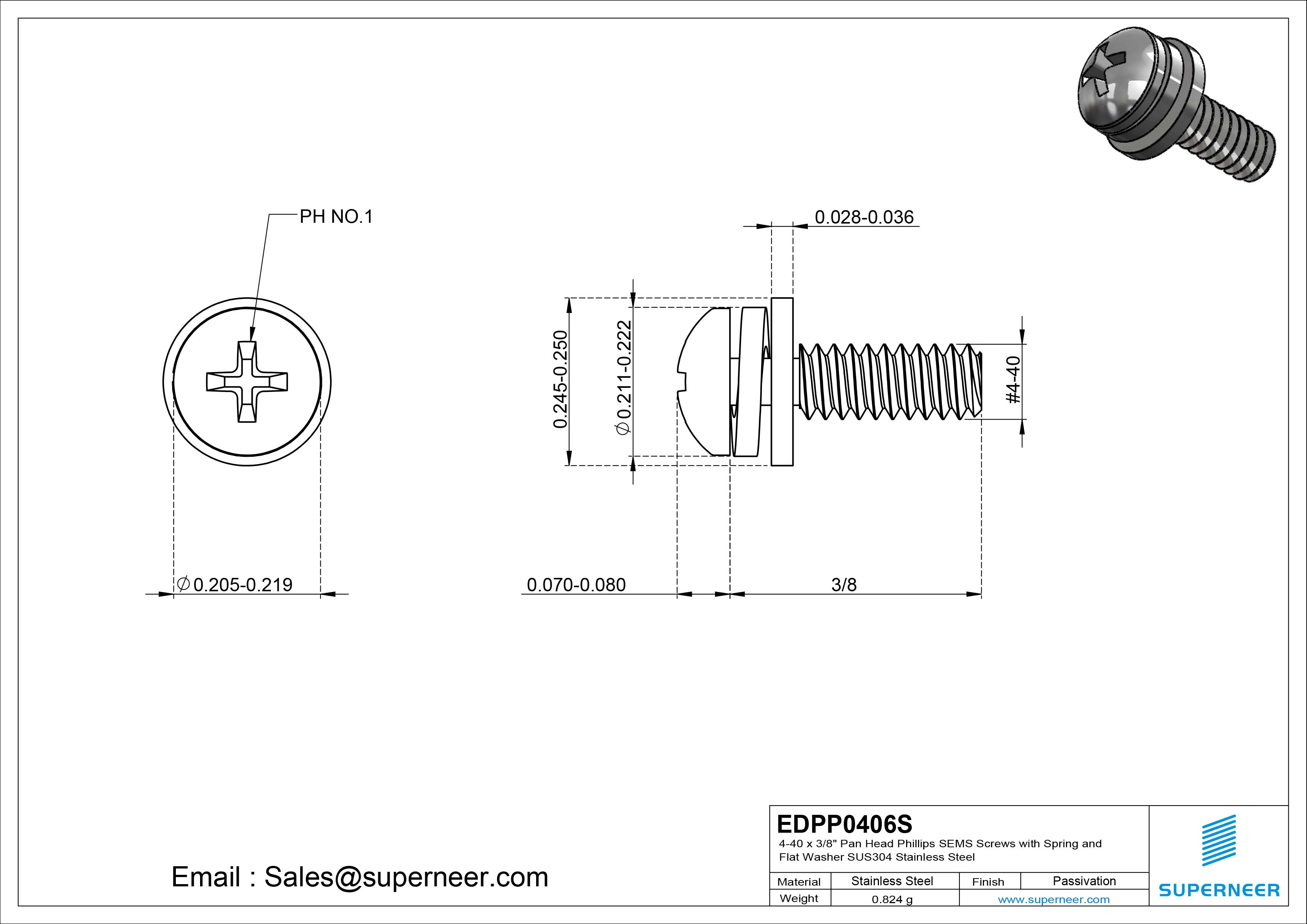 4-40 x 3/8" Pan Head Phillips SEMS Screws with Spring and Flat Washer SUS304 Stainless Steel Inox