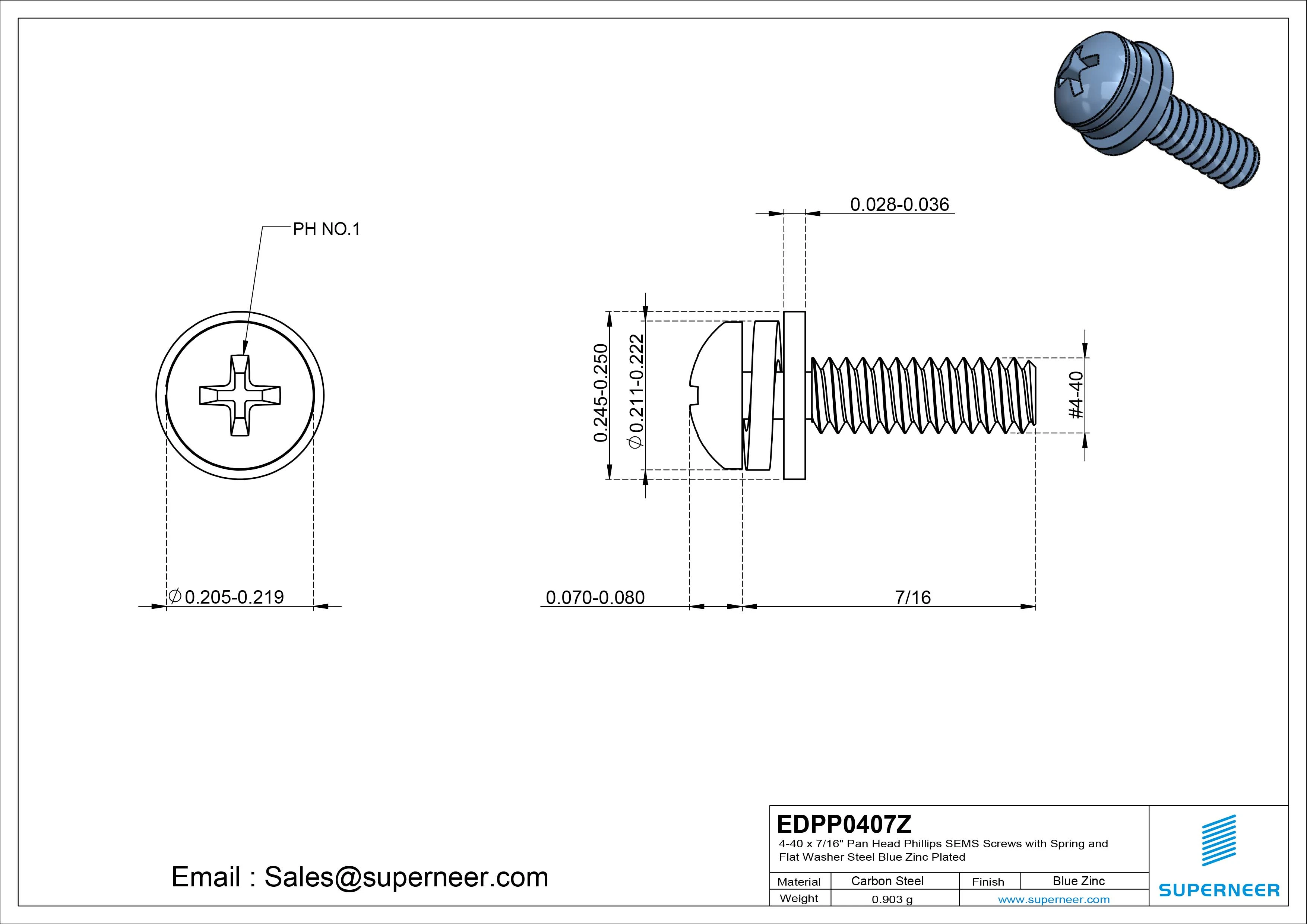 4-40 x 7/16" Pan Head Phillips SEMS Screws with Spring and Flat Washer Steel Blue Zinc Plated