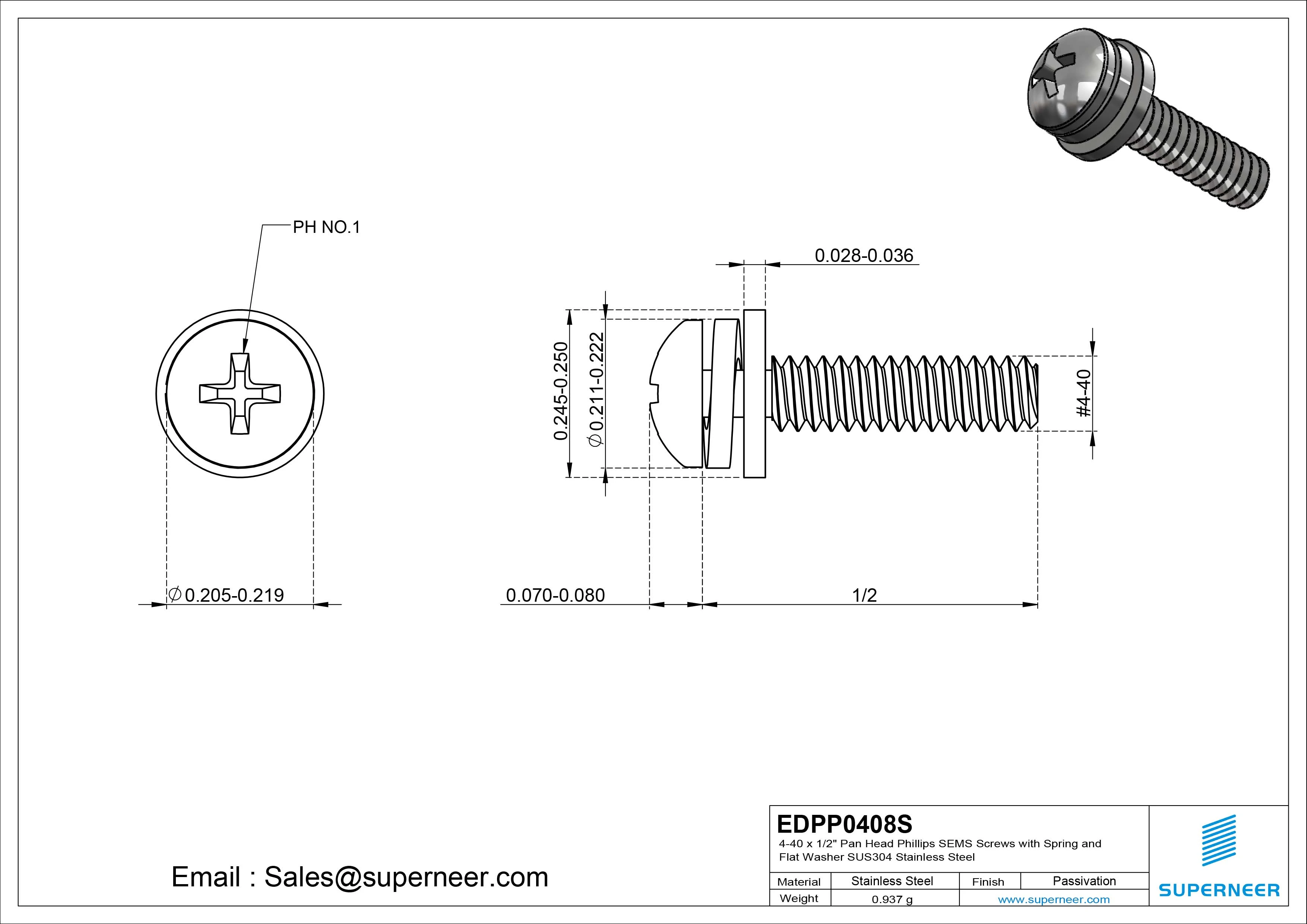 4-40 x 1/2" Pan Head Phillips SEMS Screws with Spring and Flat Washer SUS304 Stainless Steel Inox