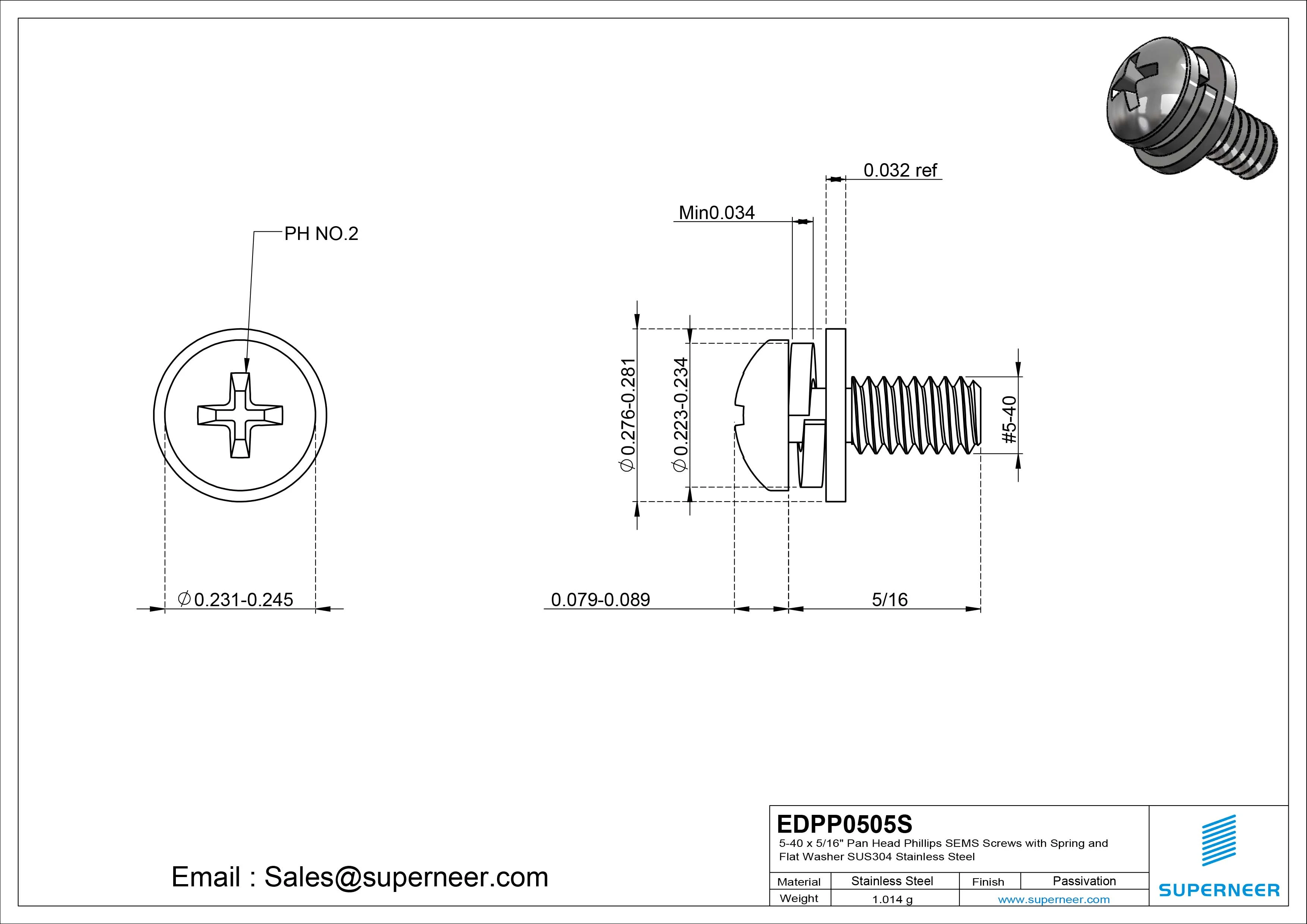 5-40 x 5/16" Pan Head Phillips SEMS Screws with Spring and Flat Washer SUS304 Stainless Steel Inox