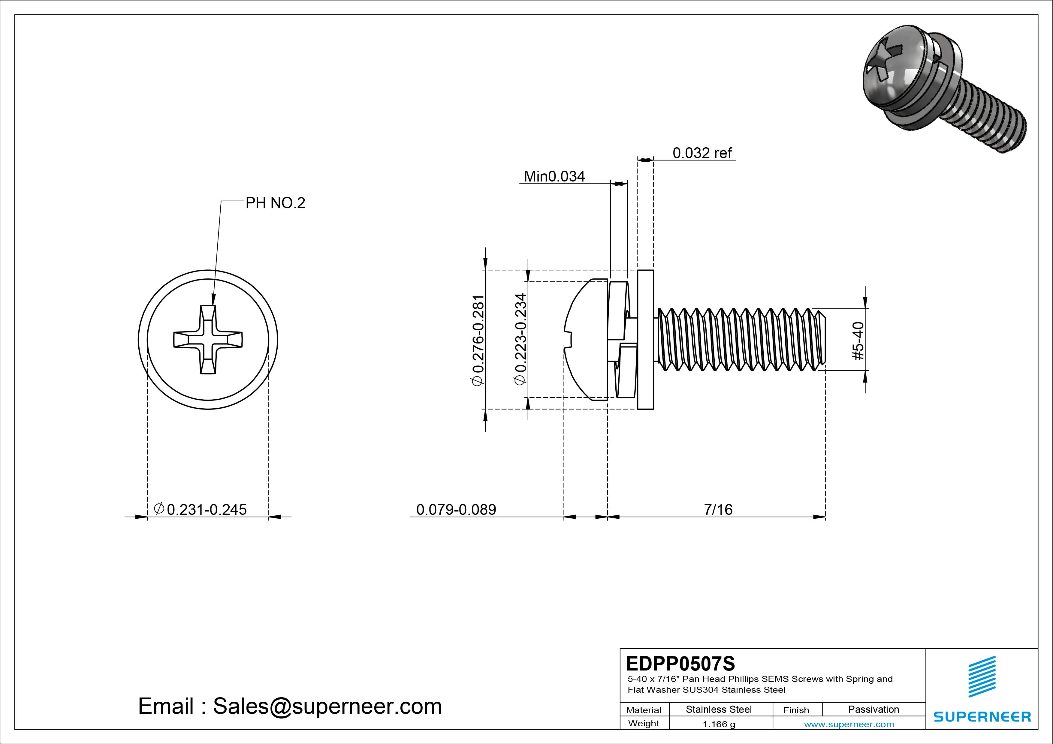 5-40 x 7/16" Pan Head Phillips SEMS Screws with Spring and Flat Washer SUS304 Stainless Steel Inox