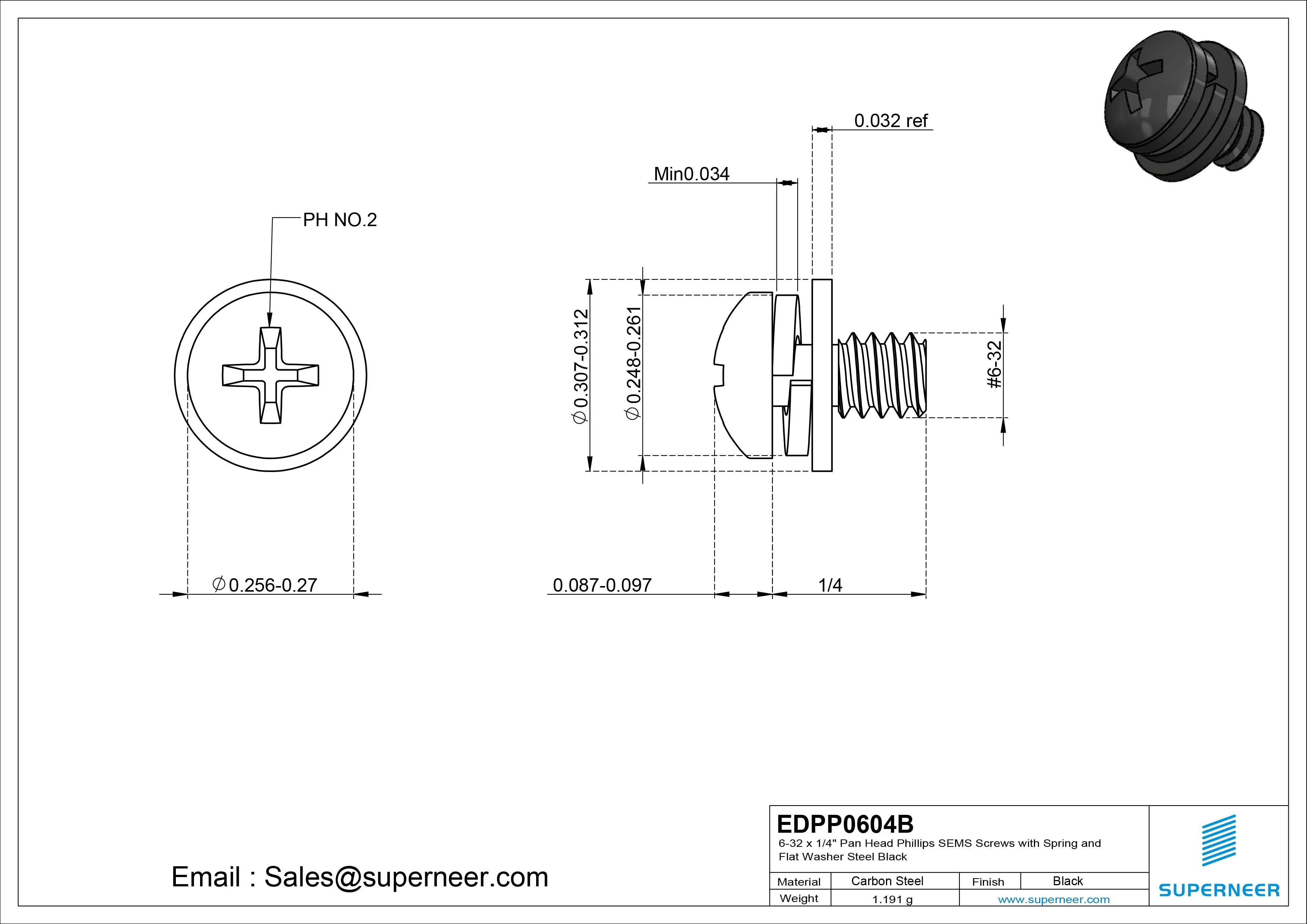 6-32 x 1/4" Pan Head Phillips SEMS Screws with Spring and Flat Washer Steel Black