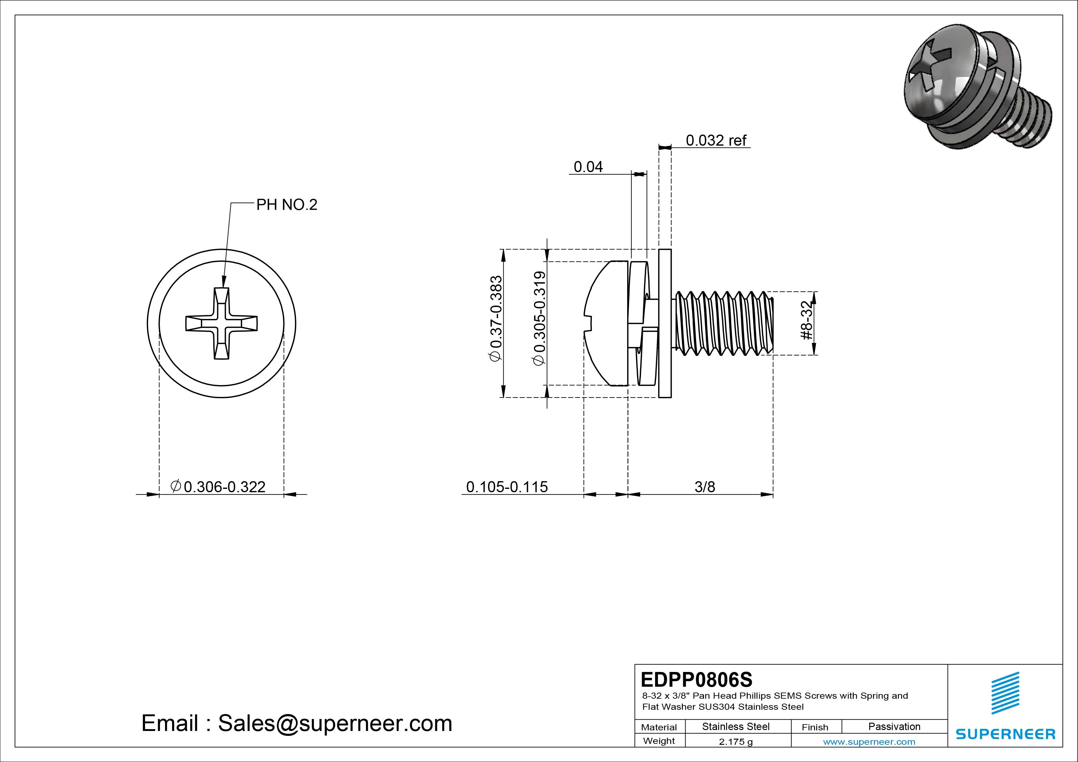 8-32 x 3/8" Pan Head Phillips SEMS Screws with Spring and Flat Washer SUS304 Stainless Steel Inox