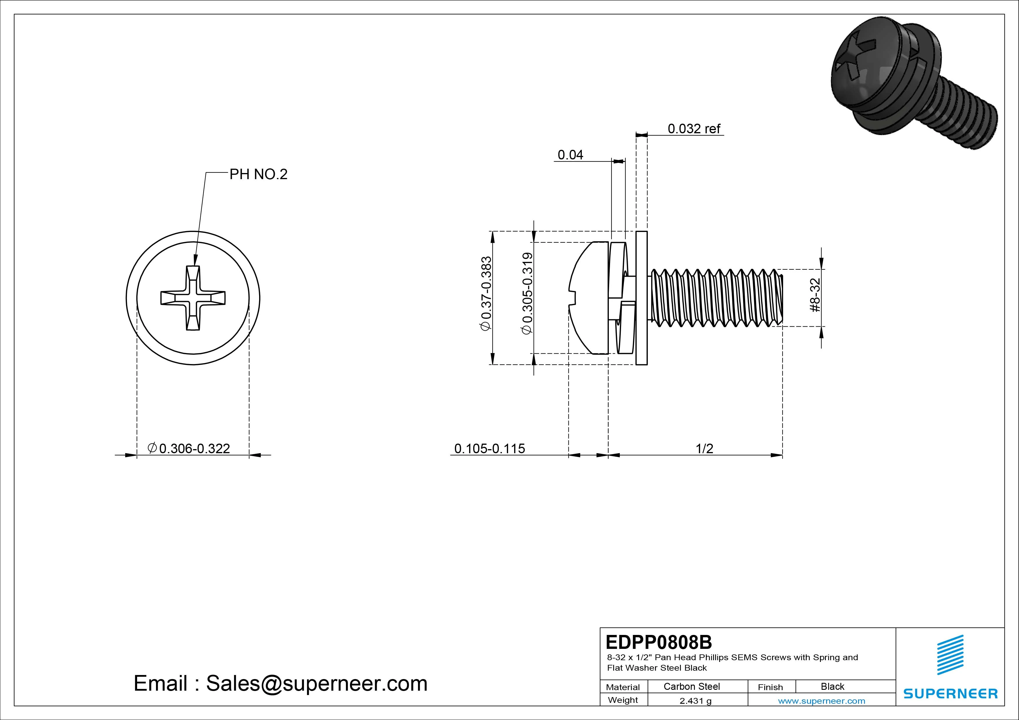 8-32 x 1/2" Pan Head Phillips SEMS Screws with Spring and Flat Washer Steel Black