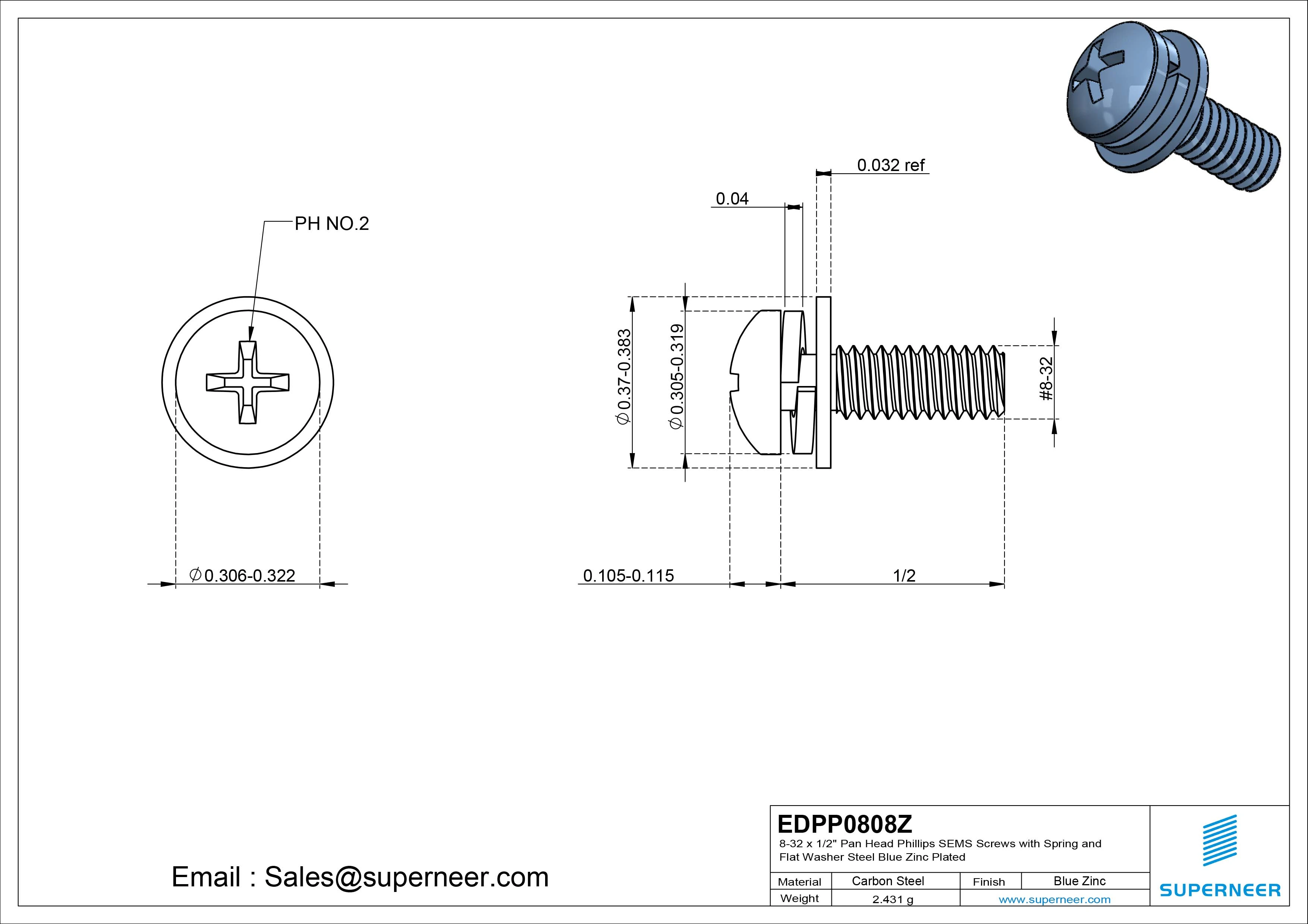 8-32 x 1/2" Pan Head Phillips SEMS Screws with Spring and Flat Washer Steel Blue Zinc Plated